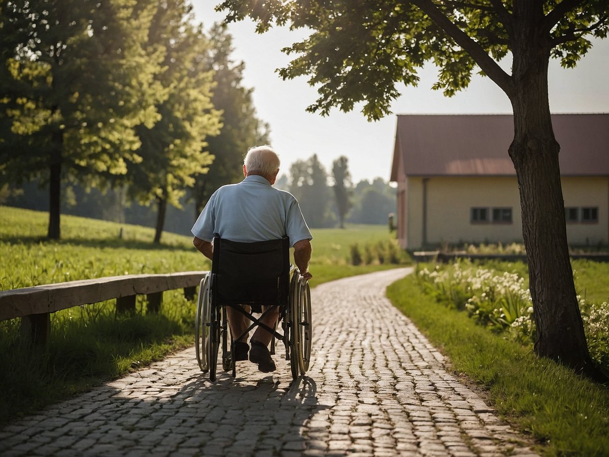 Ein älterer Mann sitzt in einem Rollstuhl und fährt auf einem gepflasterten Weg, der durch eine ländliche Umgebung mit Bäumen und Wiesen führt. Im Hintergrund ist ein einfaches Gebäude mit einem roten Dach zu sehen, während die Sonne scheint und eine ruhige, friedliche Atmosphäre schafft. Diese Darstellung könnte das Bedürfnis nach Mobilität und Selbstständigkeit im Alter sowie die Bedeutung von Naturnähe und sozialer Teilhabe für die Lebensqualität und die Lebenserwartung älterer Menschen in Deutschland widerspiegeln.