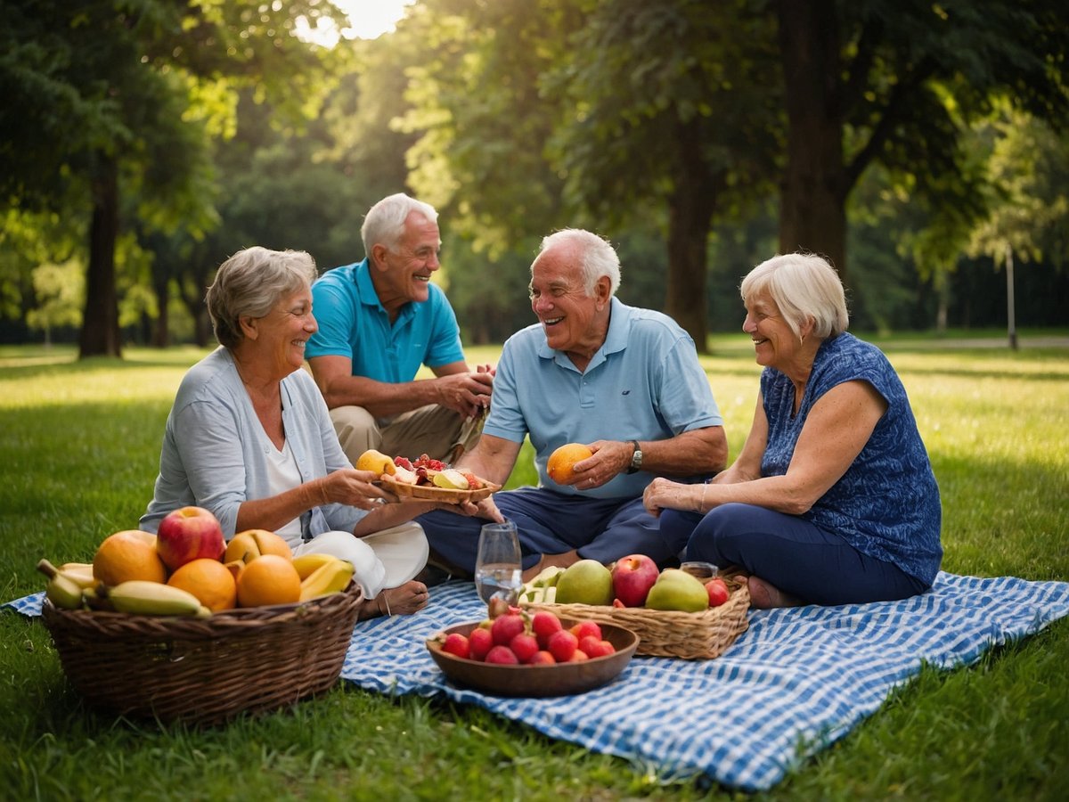 Eine Gruppe von vier älteren Menschen sitzt auf einer Picknickdecke im Freien und genießt frisches Obst. Sie lachen und wirken entspannt, während sie eine Vielzahl gesunder Früchte wie Äpfel, Birnen und Bananen um sich haben. Diese soziale Interaktion fördert das Wohlbefinden und unterstützt eine aktive Lebensweise, die für ein langes Leben wichtig ist. Die Szene spielt in einem grünen Park, was die Kraft der Natur und frische Luft betont, die ebenfalls positive Auswirkungen auf die Gesundheit haben können.