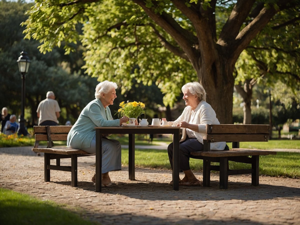 Zwei ältere Frauen sitzen an einem Tisch im Freien in einem Park und erfreuen sich an einer Tasse Tee oder Kaffee. Der Tisch ist mit einer kleinen Vase gefüllt mit gelben Blumen dekoriert. Beide Frauen lächeln und scheinen ein angenehmes Gespräch zu führen, was die Bedeutung sozialer Beziehungen für ein glückliches und langes Leben unterstreicht. Im Hintergrund sind weitere Menschen zu sehen, die ebenfalls den Park genießen, während große Bäume Schatten spenden und eine einladende Atmosphäre schaffen.