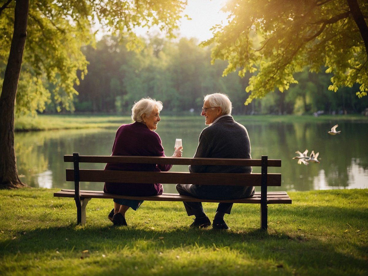 Ein älteres Paar sitzt entspannt auf einer Holzbank am Ufer eines ruhigen Sees in einem grünen Park. Sie blicken lächelnd auf das Wasser, während die Sonne durch die Bäume scheint und eine warme Atmosphäre schafft. Die Frau hält ein Glas oder eine Tasse in der Hand, während der Mann ihr zuhört und zurücklächelt. Im Hintergrund schwimmen einige Enten auf dem See und die Umgebung ist von üppigem Grün und einer friedlichen Natur umgeben. Diese Szene vermittelt ein Gefühl von Ruhe, Glück und der Freude an gemeinsamen Momenten in der Natur, was für die Langlebigkeitsforschung von Bedeutung ist, da soziale Interaktionen und Naturerlebnisse wichtige Faktoren für ein gesundes und erfülltes Leben im Alter sind.