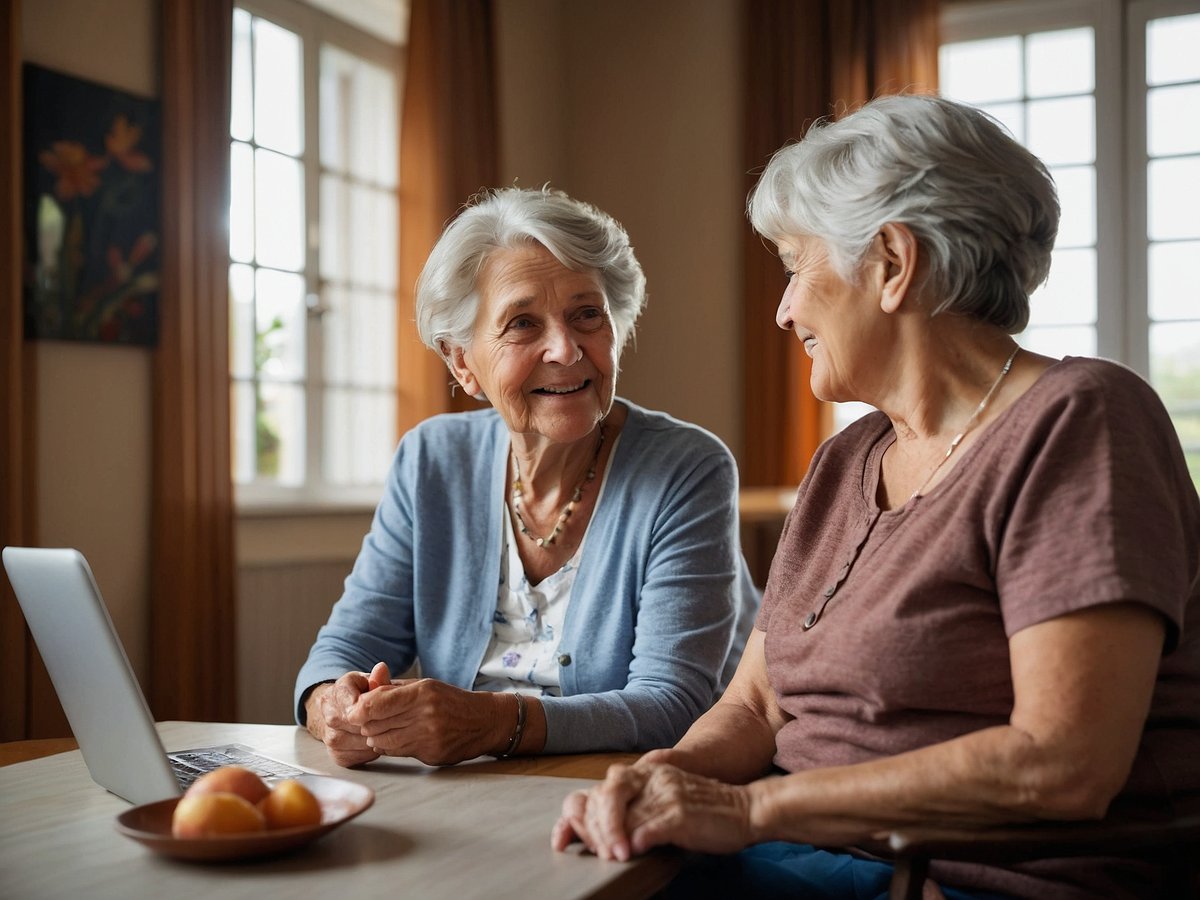 Zwei ältere Frauen sitzen an einem Tisch in einem hellen Raum und unterhalten sich freundlich. Vor ihnen steht ein Laptop und auf dem Tisch liegen einige Früchte in einer Schale. Durch die Fenster strömt Tageslicht und die Fenster sind mit Vorhängen ausgestattet. Die Frauen wirken zufrieden und glücklich, was auf ihre positive Lebensqualität hinweist. Diese Darstellung ermutigt dazu, soziale Kontakte und Lebensfreude im Alter zu pflegen, um den Herausforderungen der steigenden Lebenserwartung entgegenzuwirken.