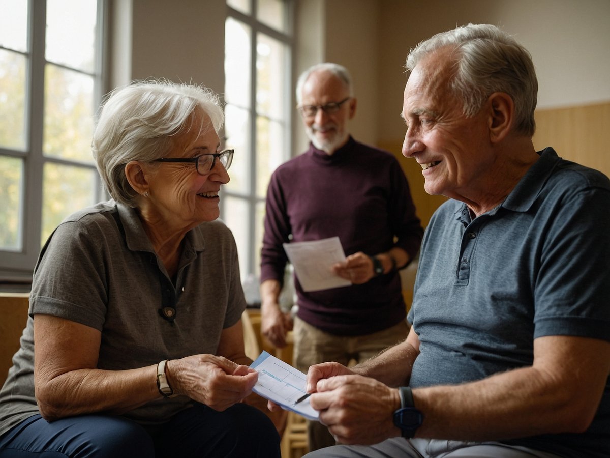 Auf dem Bild lächeln und unterhalten sich drei Senioren in einem hellen Raum. Eine Frau mit grauen Haaren und einer Brille sitzt gegenüber von einem Mann mit grauen Haaren, der ebenfalls lächelt. Die Frau hält ein Dokument in der Hand, während der Mann aufmerksam schaut. Im Hintergrund steht ein weiterer Senior mit einem Bart und einer Brille, der ebenfalls ein Blatt Papier in der Hand hat und interessiert wirkt. Durch die großen Fenster strömt Tageslicht in den Raum, was eine freundliche und einladende Atmosphäre schafft.