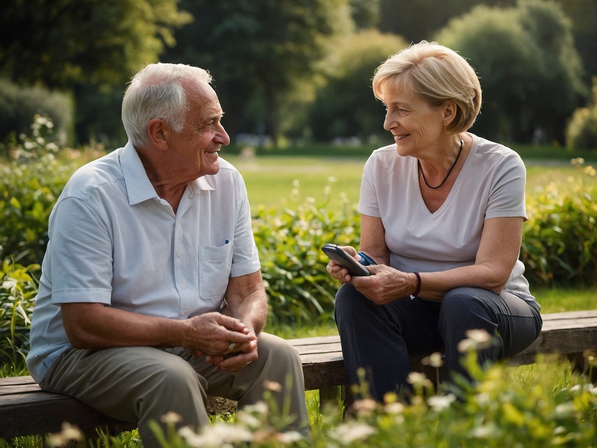 Zwei ältere Menschen sitzen entspannt auf einer Holzbank in einem Park umgeben von üppigem Grün und Blumen. Der Mann trägt ein weißes Hemd und die Frau ein graues T-Shirt. Sie lächeln sich an und scheinen ein Gespräch zu führen, während die Frau ein mobiles Gerät in der Hand hält. Ihre Körpersprache zeigt eine freundliche und gemütliche Atmosphäre, die ein Gefühl von Verbundenheit und Freude vermittelt.