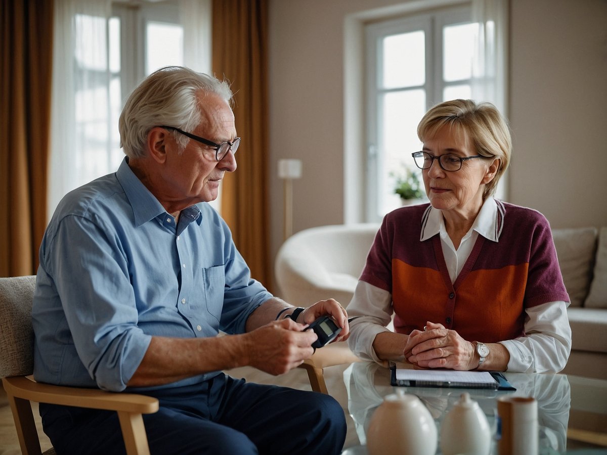 Zwei Senioren sitzen an einem Tisch in einem hellen, modernen Raum. Der Mann in einem hellblauen Hemd hält ein Blutdruckmessgerät in der Hand und schaut darauf. Die Frau trägt eine lila-orange karierte Strickjacke und beobachtet ihn aufmerksam. Auf dem Tisch liegen Schreibutensilien und ein Notizblock. Im Hintergrund sind Fenster mit Gardinen und eine bequeme Couch zu sehen. Die Atmosphäre wirkt entspannt und freundlich.