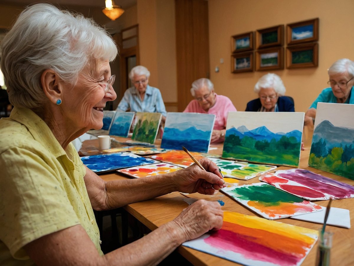 Eine Gruppe älterer Frauen sitzt an einem Tisch und malt mit Aquarellfarben. Im Vordergrund lächelt eine Frau mit grauen Haaren und einer gelben Bluse, während sie mit einem Pinsel ein Stück Papier bearbeitet. Auf dem Tisch liegen mehrere farbige Zeichnungen und unvollendete Bilder. Im Hintergrund sind weitere Frauen zu sehen, die ebenfalls konzentriert an ihren Malereien arbeiten. Die Atmosphäre ist freundlich und kreativ, während die Wände des Raumes mit Bildern geschmückt sind, die womöglich Landschaften zeigen.