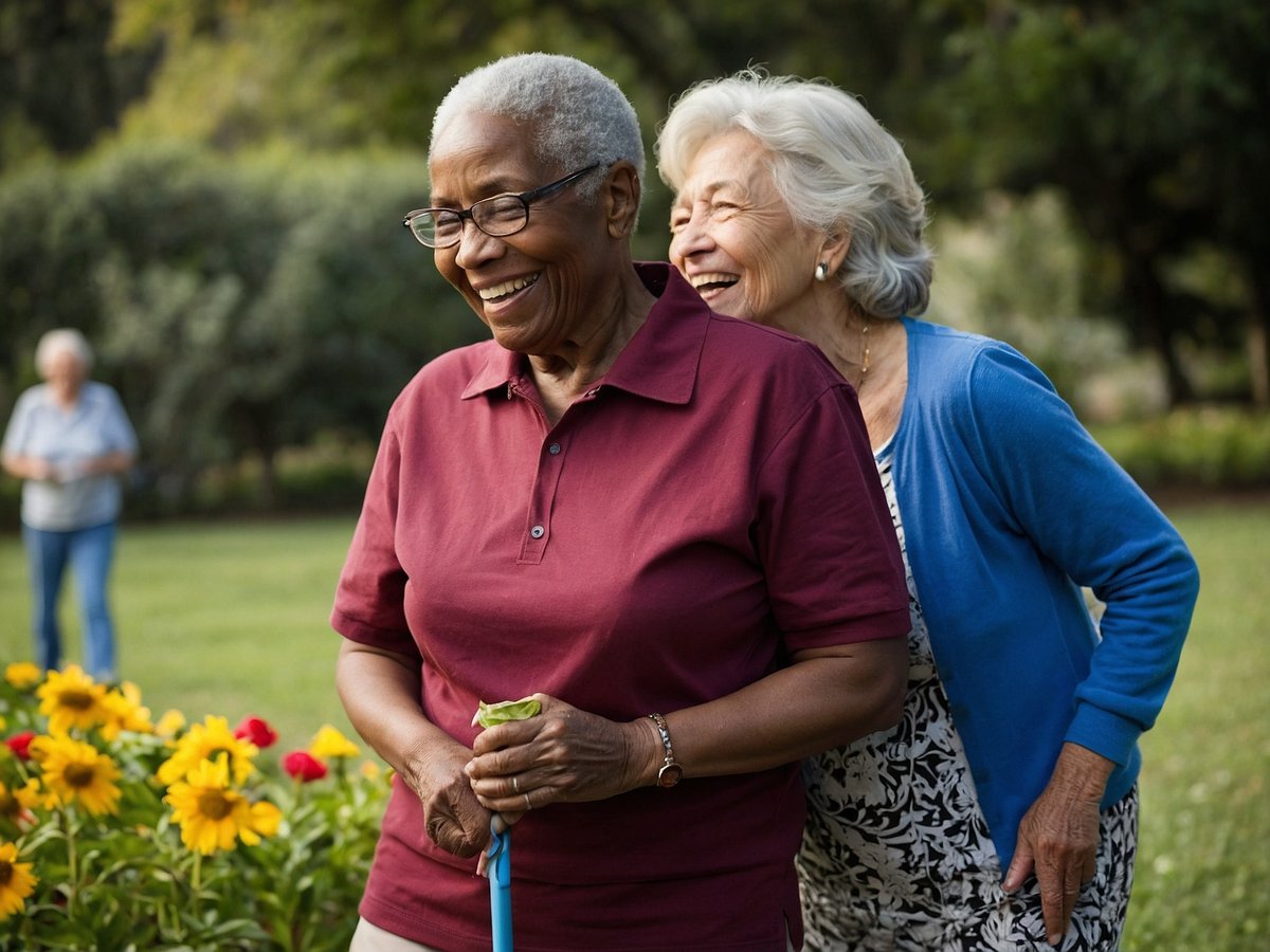 Zwei ältere Frauen stehen in einem Garten und lachen miteinander während sie eine harmonische Zeit verbringen. Eine Frau trägt ein bordeauxrotes Shirt und hält einen Gehstock, die andere Frau ist in einem blauen Cardigan gekleidet. Im Vordergrund blühen bunte Blumen und im Hintergrund ist eine weitere Person zu sehen, die ebenfalls im Garten aktiv ist. Dieses Bild stellt eine positive und lebendige Interaktion dar, die die Vorteile aktiver Lebensgestaltung und sozialer Kontakte im Alter betont.