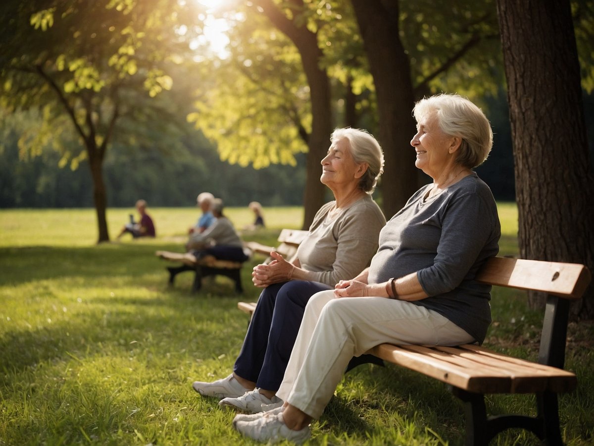 Zwei ältere Frauen sitzen auf einer Bank im Park und genießen die Sonne. Die Atmosphäre ist entspannt und friedlich, was stressreduzierend wirken kann. Die Frauen lächeln und sind aufmerksam auf ihre Umgebung, was auf positive soziale Interaktion hinweisen könnte. Im Hintergrund sind weitere Senioren zu sehen, die ebenfalls das Grün der Natur schätzen. Das sanfte Licht der Nachmittagssonne kann das Wohlbefinden fördern und möglicherweise den Blutdruck positiv beeinflussen. Die grüne Umgebung wirkt beruhigend und könnte helfen, Stress abzubauen, was ebenfalls wichtig für die Gesundheit ist.