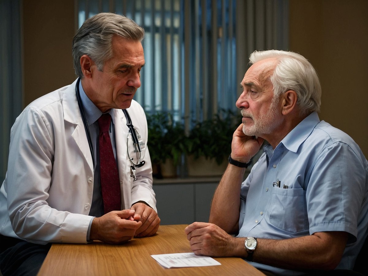Ein älterer Mann sitzt an einem Tisch in einem Arztzimmer und hält nachdenklich seine Hand an sein Kinn. Vor ihm sitzt ein Arzt in einem weißen Kittel, der aufmerksam mit ihm spricht. Der Arzt hat eine Stethoskop um den Hals und wirkt professionell und einfühlsam. Im Hintergrund sind Fenster mit horizontalen Jalousien und einige Pflanzen zu sehen. Es deutet auf ein Gespräch über Gesundheit hin, möglicherweise um gesundheitliche Beschwerden oder Fragen des älteren Mannes zu klären. Dies ist eine Erinnerung daran, dass Senioren bei Symptomen wie Anzeichen von Schmerzen, plötzlichen Veränderungen in der Gesundheit oder nachlassendem Wohlbefinden einen Arzt aufsuchen sollten.