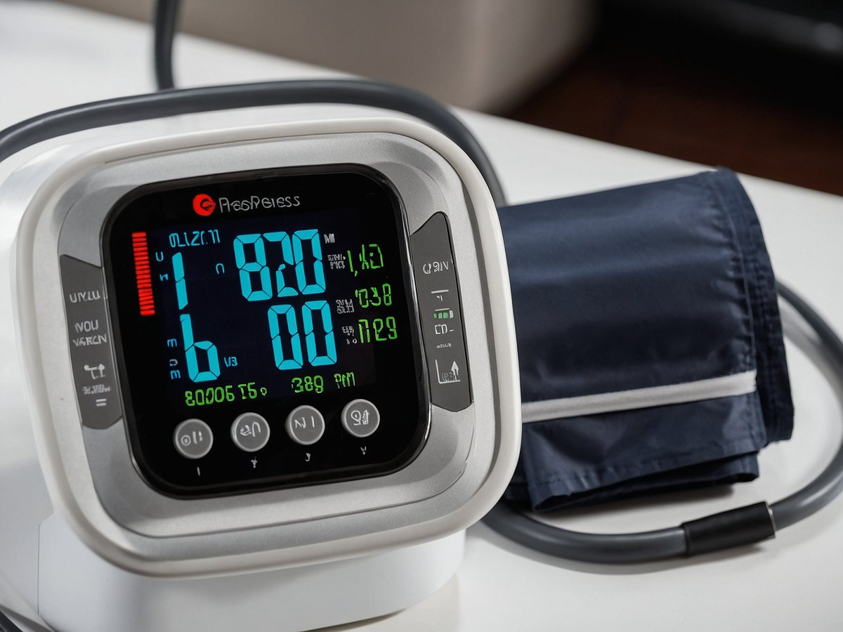 Auf dem Bild ist ein digitales Blutdruckmessgerät zu sehen. Das Display zeigt mehrere Werte an, darunter systolischer und diastolischer Blutdruck. Die Werte sind deutlich lesbar in großen Ziffern dargestellt. Neben dem Gerät liegt eine Blutdruckmanschette. Die Farben des Displays sind vorwiegend schwarz, blau und grün. Das Gerät befindet sich auf einem Tisch und im Hintergrund ist ein unscharfer Bereich zu erkennen.