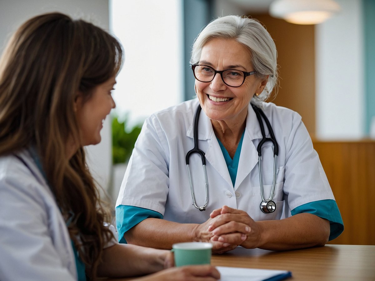 Zwei Frauen in Arztkitteln sitzen an einem Tisch in einer hellen und freundlichen Umgebung. Eine der Frauen hat grau gefärbte Haare und trägt eine Brille, sie wirkt freundlich und lächelt. Die andere Frau hat lange, braune Haare und schaut ebenfalls lächelnd. Zwischen ihnen stehen eine Tasse und ein aufgeschlagenes Dokument. Das Bild vermittelt eine Atmosphäre des Vertrauens und der Offenheit, was bedeutend für Gesundheitschecks im Alter ist, da regelmäßige medizinische Untersuchungen helfen, Krankheiten frühzeitig zu erkennen und eine hohe Lebensqualität zu fördern.