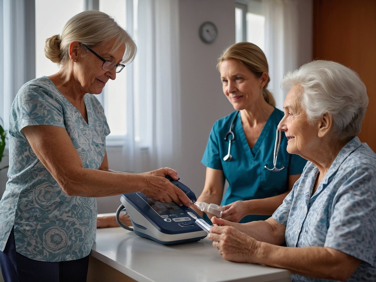 Eine ältere Frau mit Brille und einem blauen Oberteil bedient ein Blutdruckmessgerät auf einem Tisch. Neben ihr steht eine weitere Frau in medizinischer Kleidung, die freundlich schaut und eine Aufzeichnungsmethode in der Hand hält. Am Tisch sitzt eine weitere ältere Frau mit grauen Haaren, die interessiert zuschaut und lächelt. Der Raum ist hell erleuchtet, und im Hintergrund sind Fenster mit Vorhängen zu sehen.