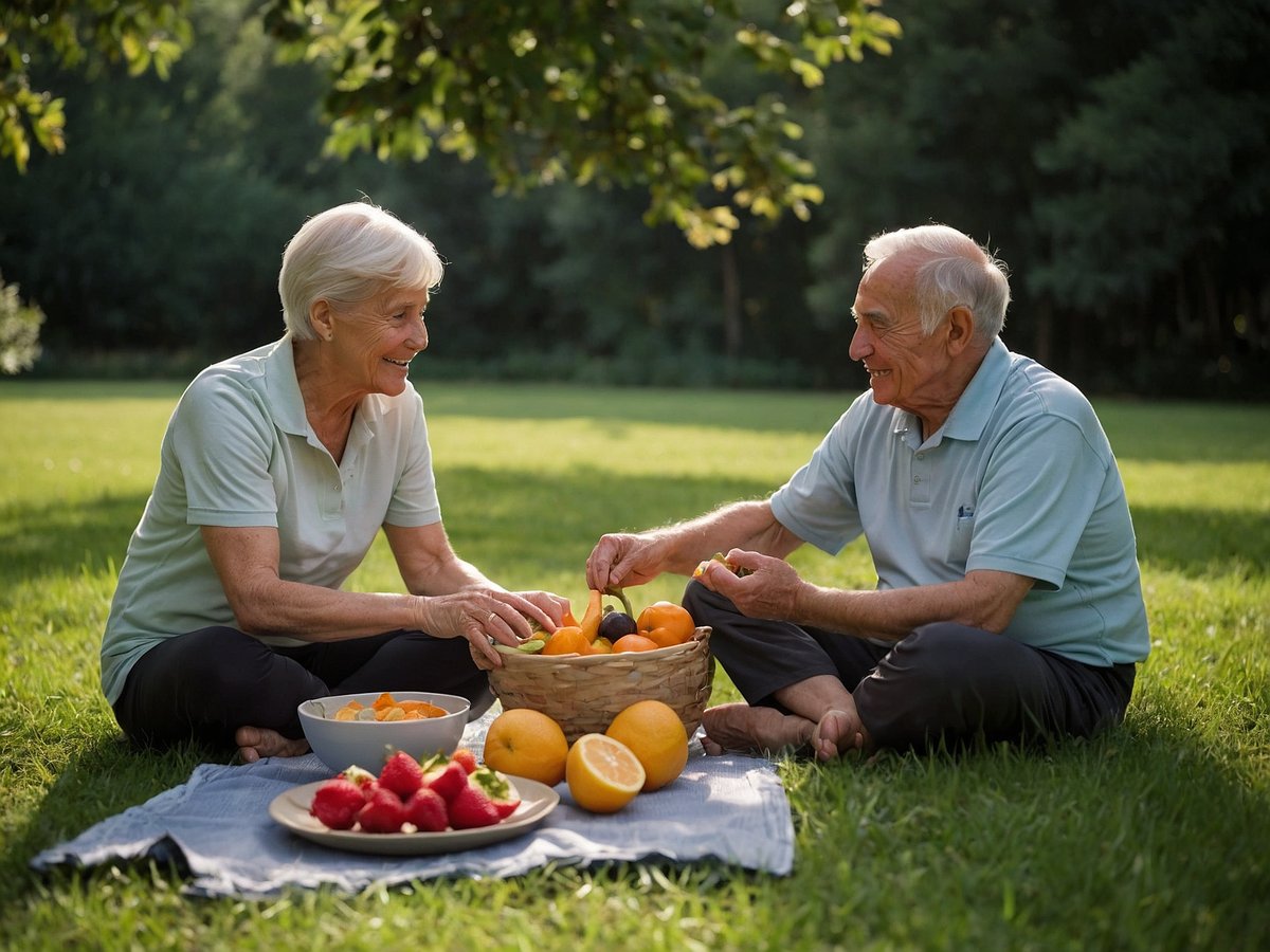 Zwei Senioren sitzen auf einer Wiese und genießen frisches Obst. Vor ihnen liegt eine Decke mit verschiedenen Früchten, darunter Erdbeeren, Orangen und ein Korb voller Zitrusfrüchte. Sie lächeln sich an und kommunizieren. Der Hintergrund zeigt eine grüne, ruhige Umgebung mit Bäumen. Diese Szene vermittelt Freude am gesunden Essen und geselligem Beisammensein.