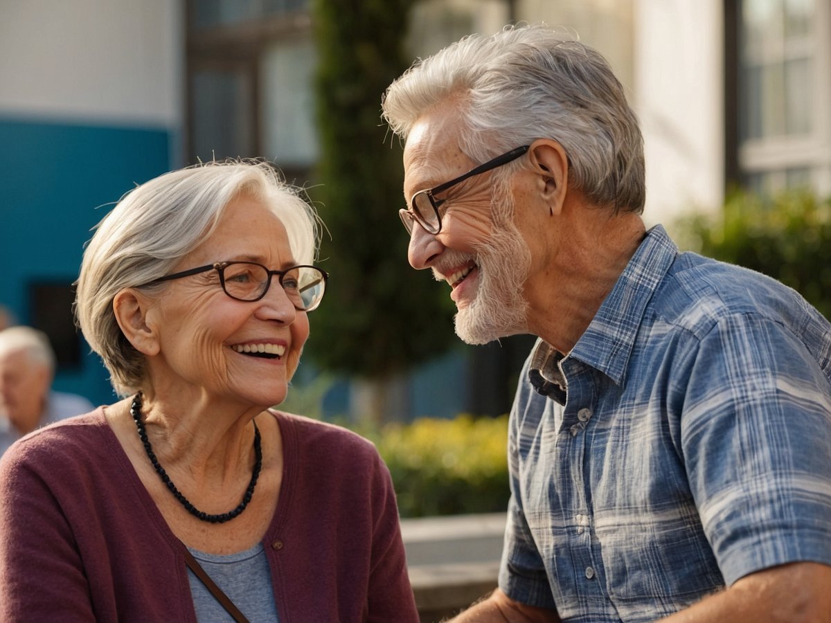 Ein älteres Paar sitzt an einem Tisch im Freien und lächelt sich an. Die Frau hat graue Haare und trägt eine Brille sowie eine lila Strickjacke. Sie hat einen freundlichen Gesichtsausdruck. Der Mann hat ebenfalls graue Haare, trägt eine Brille und ein kariertes Hemd. Er schaut die Frau an und scheint zu lachen. Im Hintergrund sind unscharf weitere Personen und Pflanzen zu sehen. Die Szene vermittelt ein Gefühl von Freude und Nähe.