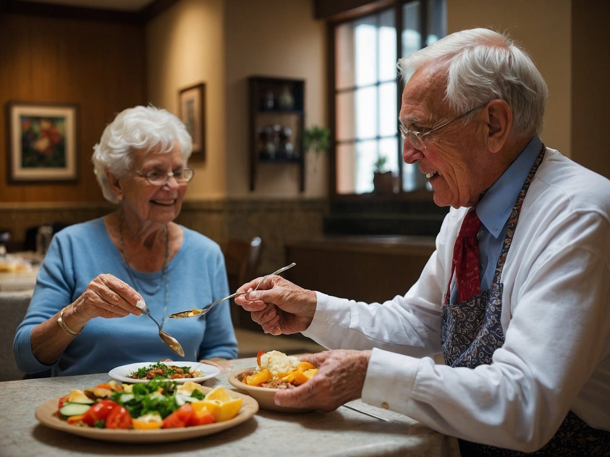 Ein älteres Paar sitzt in einem einladenden Speiseraum und genießt gemeinsam eine Mahlzeit. Der Mann, der eine Schürze trägt, serviert der Frau, die lächelt und in einem blauen Oberteil gekleidet ist, etwas von seinem Teller. Auf dem Tisch sind mehrere gesunde und bunte Speisen zu sehen, darunter eine große Schüssel mit Salat, Obst und Gemüse, die eine ausgewogene Ernährung symbolisieren. Die angenehme Atmosphäre und das Lächeln der beiden zeigen die Bedeutung von sozialer Interaktion und gesunder Ernährung für die Prävention von Krankheiten und Förderung der Gesundheit im Alter.