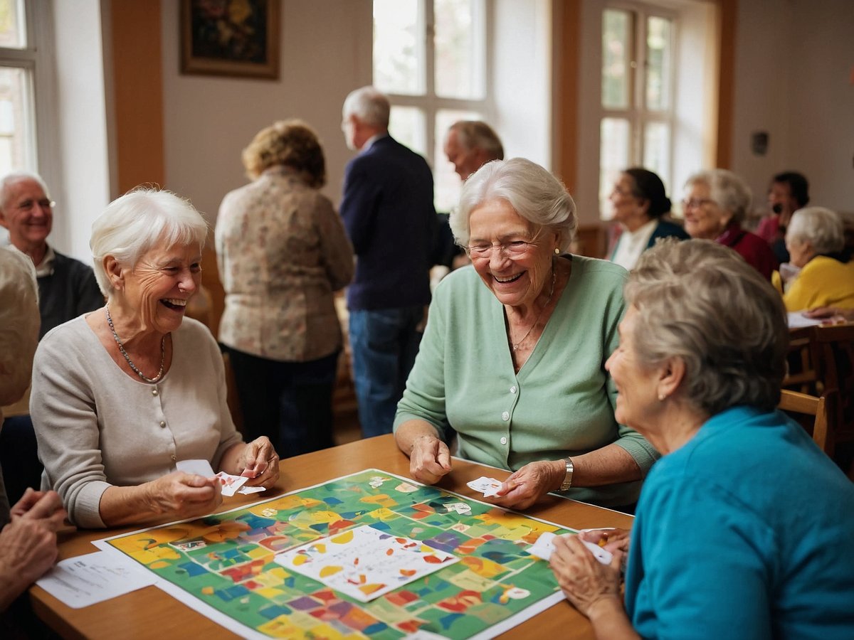 Eine Gruppe von älteren Menschen sitzt an einem Tisch in einem hellen Raum. Sie spielen ein Gesellschaftsspiel und lachen dabei. Vier Frauen stehen im Mittelpunkt, die enthusiastisch Karten in den Händen halten und fröhlich miteinander interagieren. Der Tisch ist mit einem bunten Spielbrett und weiteren Spielmaterialien dekoriert. Im Hintergrund sind weitere Senioren zu sehen, die sich unterhalten und miteinander umgehen. Die Atmosphäre ist freundlich und lebhaft, was die soziale Interaktion und den Spaß im Alter betont.