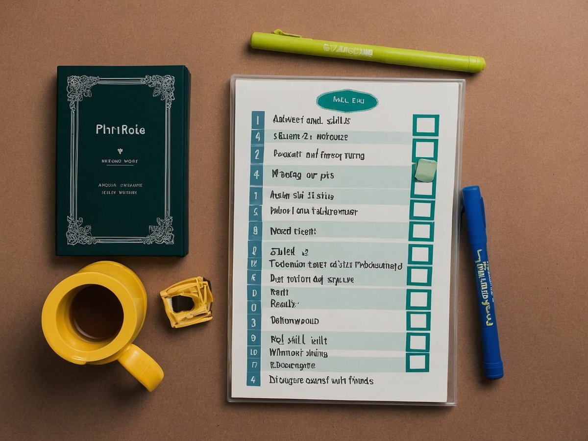 Auf dem Bild ist ein brauner Tisch zu sehen, auf dem ein grünes Buch mit dem Titel PhriRoie liegt. Daneben befindet sich eine durchsichtige Mappe mit einer Auflistung von Fähigkeiten und Aufgaben, die mit einem blauen und einem grünen Marker bearbeitet wurde. Eine gelbe Tasse steht auf dem Tisch und ist mit einer heißen Flüssigkeit gefüllt. Außerdem liegt ein gelbes Aufbewahrungsstück und ein blauer Marker neben der Mappe.