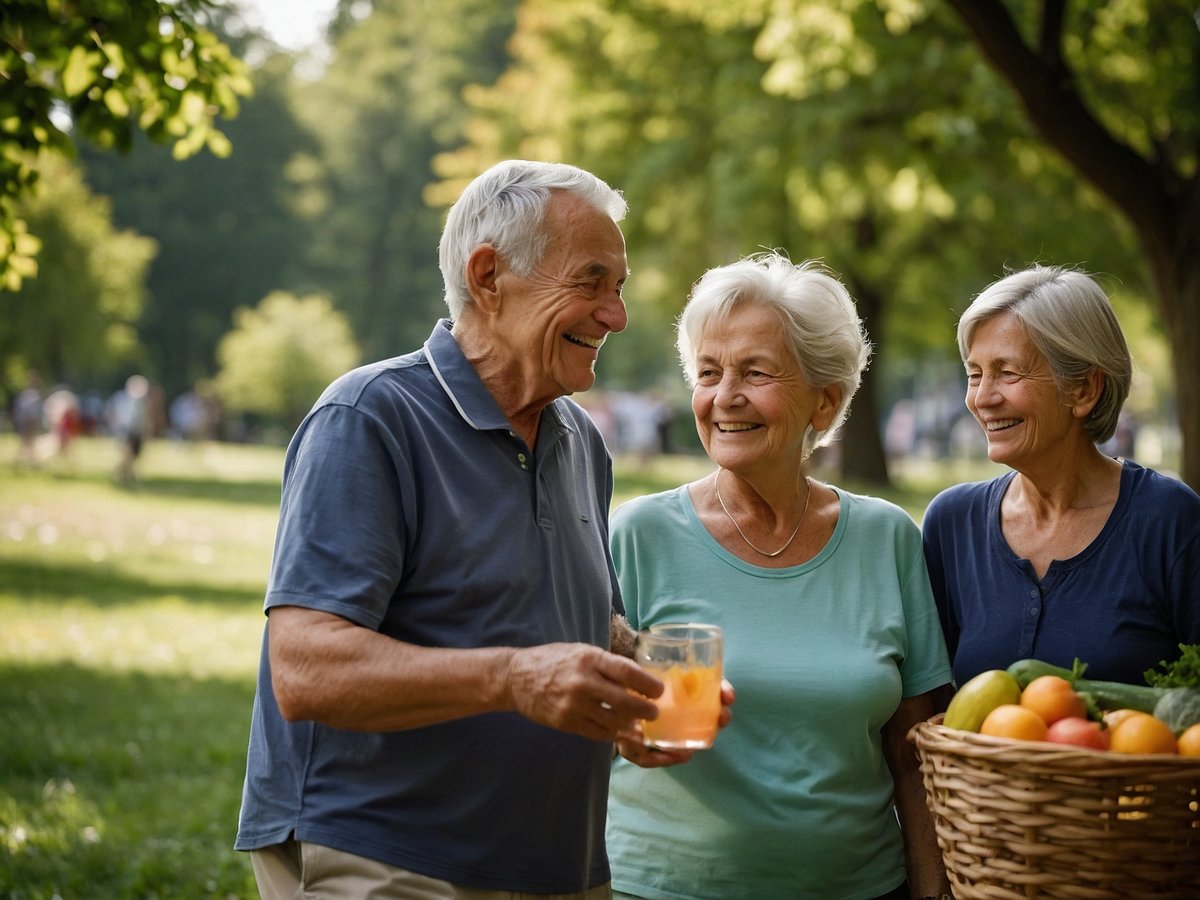 Auf dem Bild sind drei Senioren in einem Park zu sehen, die sich unterhalten und lächeln. Ein älterer Mann hält ein Glas mit einem Getränk und scheint fröhlich zu sein. Die beiden Frauen neben ihm tragen lässige Kleidung und lächeln ebenfalls. Einer der Frauen hält einen Korb mit frischen Obst und Gemüse. Die Umgebung ist grün und sonnig, die Bäume und das Gras tragen zu einer einladenden Atmosphäre bei. Gemeinsame Aktivitäten im Freien fördern das Wohlbefinden und die soziale Interaktion, während eine ausgewogene Ernährung mit frischen Lebensmitteln zur Gesundheitsbewahrung beiträgt.