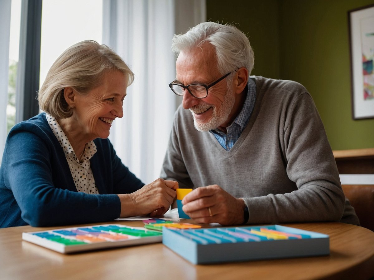 Ein älteres Paar sitzt an einem Tisch und spielt mit bunten Spielsteinen. Beide lächeln glücklich und schauen sich an, während sie gemeinsam eine Spielaktion durchführen. Der Tisch ist teilweise mit einem bunten Spielset bedeckt, das in verschiedenen Farben gestaltet ist. Im Hintergrund sieht man große Fenster, die für viel Tageslicht sorgen, und eine grüne Wand, die Wärme und Gemütlichkeit ausstrahlt. Die Atmosphäre ist freundlich und voller Freude, was die enge Verbindung zwischen den beiden zeigt.
