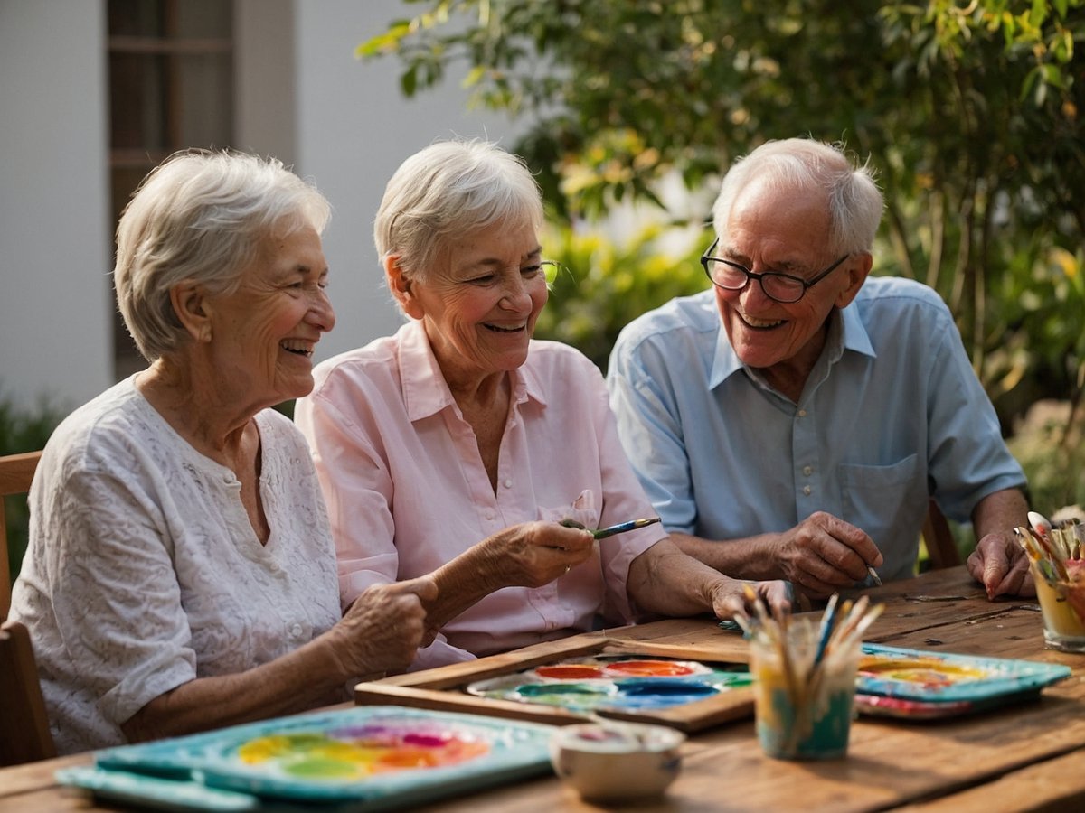 Drei ältere Menschen sitzen an einem Holztisch im Freien und genießen eine kreative Zeit beim Malen. Zwei Frauen und ein Mann lachen miteinander, während sie mit Pinsel und Farben arbeiten. Auf dem Tisch stehen mehrere Farbpaletten mit leuchtenden Farben. Die Umgebung ist grün und einladend, was eine entspannte Atmosphäre schafft.