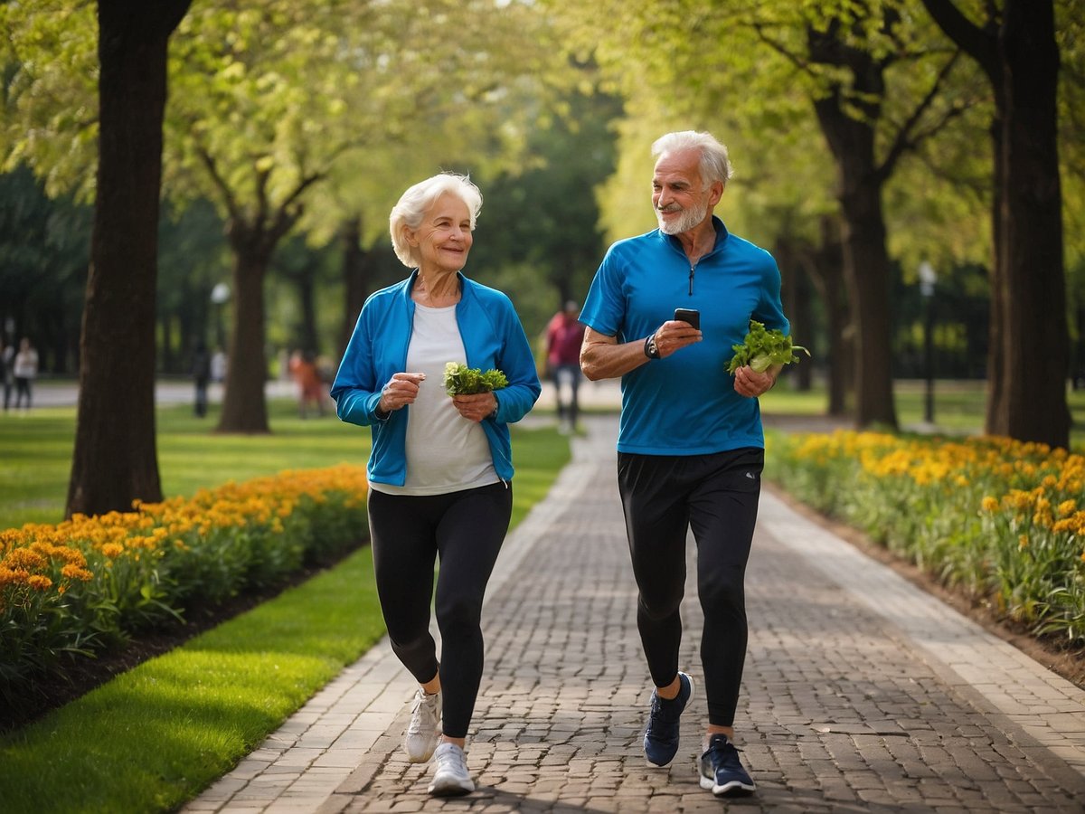 Ein älteres Paar genießt einen sonnigen Tag im Park während sie joggen. Die Frau trägt eine blaue Jacke und schwarze Leggings, während sie fröhlich einen Bund frischer Kräuter in der Hand hält. Der Mann trägt ein blaues Poloshirt und schwarze Sporthose, er hält ein Handy in der einen Hand und ebenfalls einen Bund Kräuter in der anderen. Rund um sie blühen gelbe Blumen und im Hintergrund sieht man weitere Parkbesucher, die die Natur genießen. Die Bäume sind üppig grün und die Atmosphäre wirkt hell und einladend.