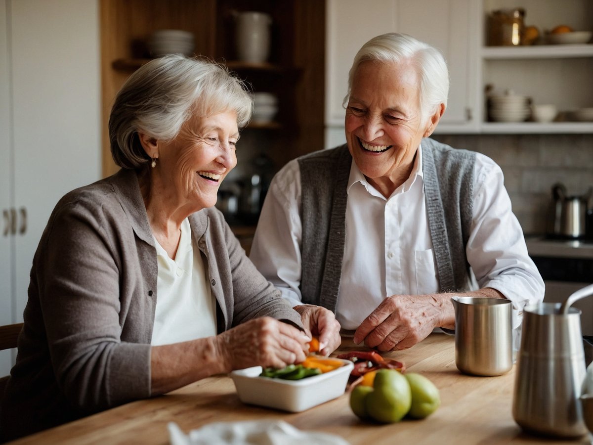 Auf dem Bild sind zwei Senioren zu sehen, die zusammen in einer gemütlichen Küche an einem Holztisch sitzen. Sie lächeln sich an und scheinen Freude daran zu haben, frisches Gemüse vorzubereiten. Die Frau hat graue Haare und trägt einen hellen Pullover, während der Mann eine graue Weste über einem weißen Hemd trägt. Vor ihnen steht eine Schüssel mit geschnittenem Gemüse, und auf dem Tisch liegen einige Äpfel und eine Kanne. Die warme Atmosphäre und das Lächeln der beiden vermitteln ein Gefühl von Zusammengehörigkeit und Lebensfreude. Um das Gedächtnis zu fördern, könnten sich Senioren beim Kochen an gemeinsame Erinnerungen und Rezepte aus der Vergangenheit erinnern, was einfach und angenehm in den Alltag integriert werden kann.