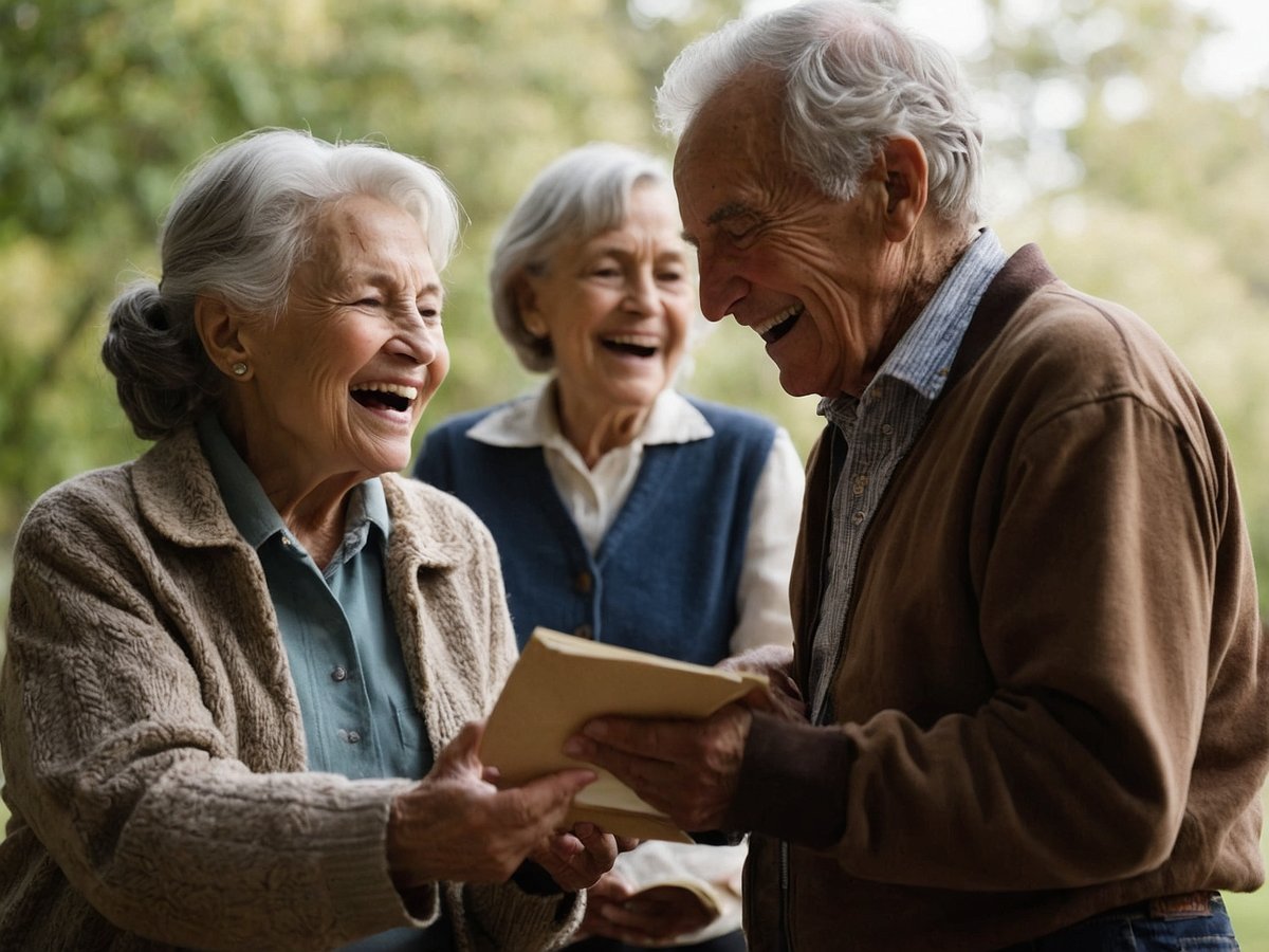 Eine Gruppe von drei älteren Menschen steht im Freien und lacht gemeinsam. Eine Frau mit grauen Haaren trägt einen beigen Pullover und sieht fröhlich aus, während sie ein Buch in der Hand hält. Der Mann neben ihr hat ebenfalls graue Haare und trägt einen braunen Pullover. Auch eine weitere Frau, die in einem blauen Oberteil gekleidet ist, lacht herzhaft. Die Atmosphäre ist warm und freundlich, und die Umgebung ist von Bäumen und natürlichem Licht umgeben. Die Gesichter der Menschen strahlen Freude und Zufriedenheit aus.