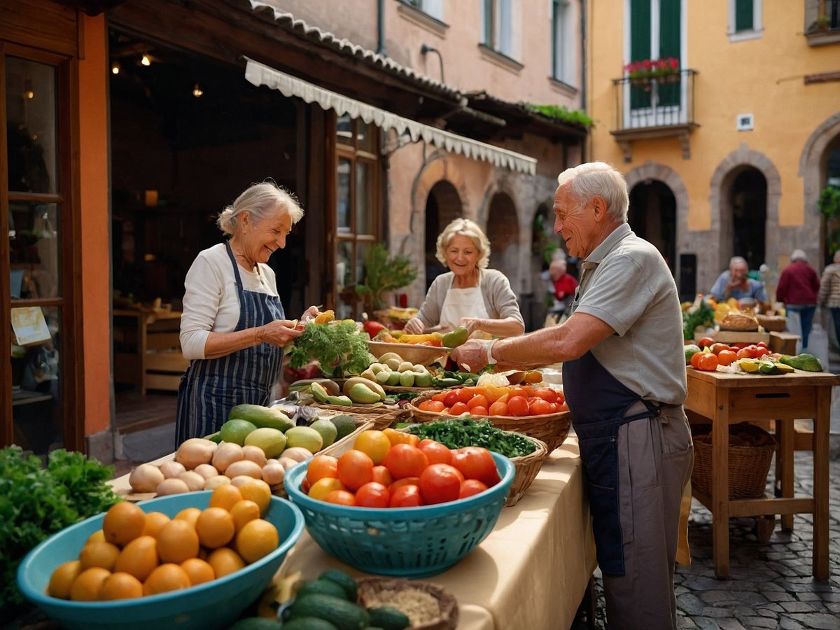 Auf dem Bild sind ältere Menschen zu sehen, die auf einem Markt frisches Obst und Gemüse verkaufen und kaufen. Die Szenerie ist lebhaft und freundlich, mit bunten Ständen, die eine Vielzahl an gesunden Lebensmitteln anbieten. Die älteren Personen wirken aktiv und engagiert, während sie miteinander interagieren und die frischen Produkte betrachten. Diese Darstellung unterstreicht die Bedeutung von gesunder Ernährung zur Förderung von Langlebigkeit. Die Umgebung ist charmant und einladend mit traditionellen Gebäuden im Hintergrund.