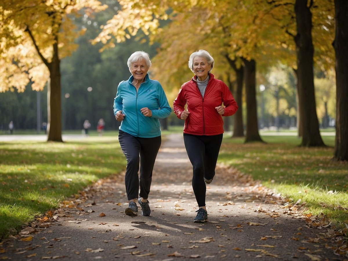 Zwei aktive Frauen in sportlicher Kleidung joggen fröhlich in einem Park voller herbstlicher Bäume. Die Frauen strahlen Vitalität und Lebensfreude aus während sie auf einem von Blättern gesäumten Weg laufen. Die Umgebung ist hell und einladend, was die Freude an körperlicher Aktivität für ein vitales Leben unterstreicht.