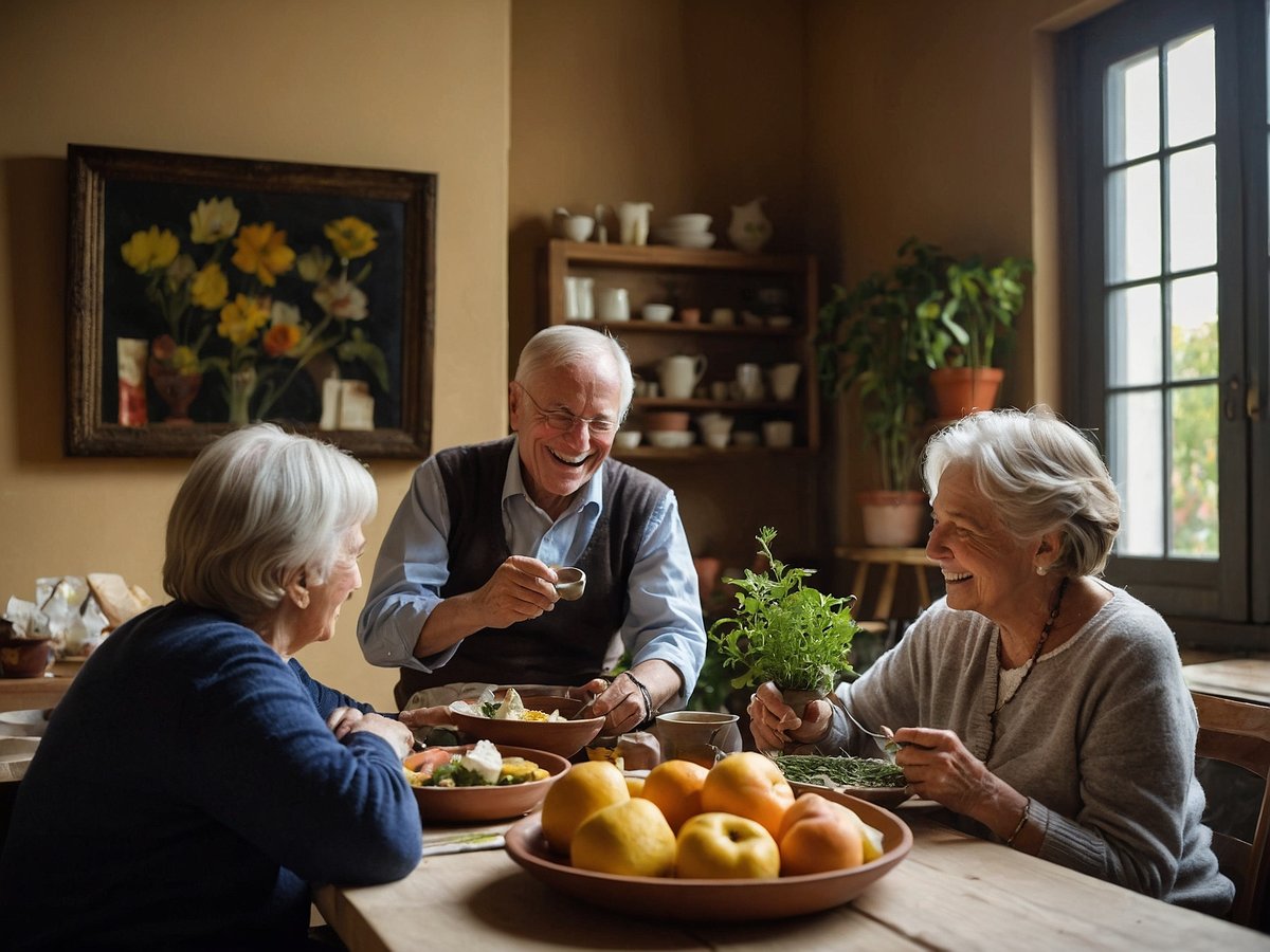 In einer warmen und einladenden Küche sitzen drei ältere Menschen an einem Holztisch und verbringen gemeinsam eine fröhliche Zeit. Auf dem Tisch stehen mehrere Teller mit frischen und gesunden Speisen sowie eine Schale voller Obst. Die Männer und Frauen lächeln und unterhalten sich angeregt, während eine Frau eine Kräutertopf hält und sie dem Mann zeigt, der aufmerksam zuhört. Im Hintergrund sind Holzregale mit Geschirr und Pflanzen zu sehen, die eine gemütliche Atmosphäre schaffen. Diese gemeinsame Zeit fördert die mentale Gesundheit und stärkt die sozialen Bindungen.