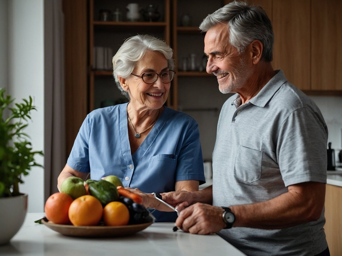 Auf dem Bild sind ein älterer Mann und eine ältere Frau in einer modernen Küche zu sehen. Die Frau trägt ein hellblaues Oberteil und hat graue Haare, die sie zu einem Dutt zusammengebunden hat. Sie lächelt den Mann an, der ein graues Poloshirt trägt und eine Uhr am Handgelenk hat. Vor ihnen auf dem Tisch steht eine Holzschale, die mit verschiedenen frischen Früchten und Gemüse gefüllt ist. Beide scheinen eine freundliche und entspannte Interaktion zu haben. Diese Szene fördert die Bedeutung von gesundem Essen und der regelmäßigen Überwachung von Gesundheitsmarkern im Alter.
