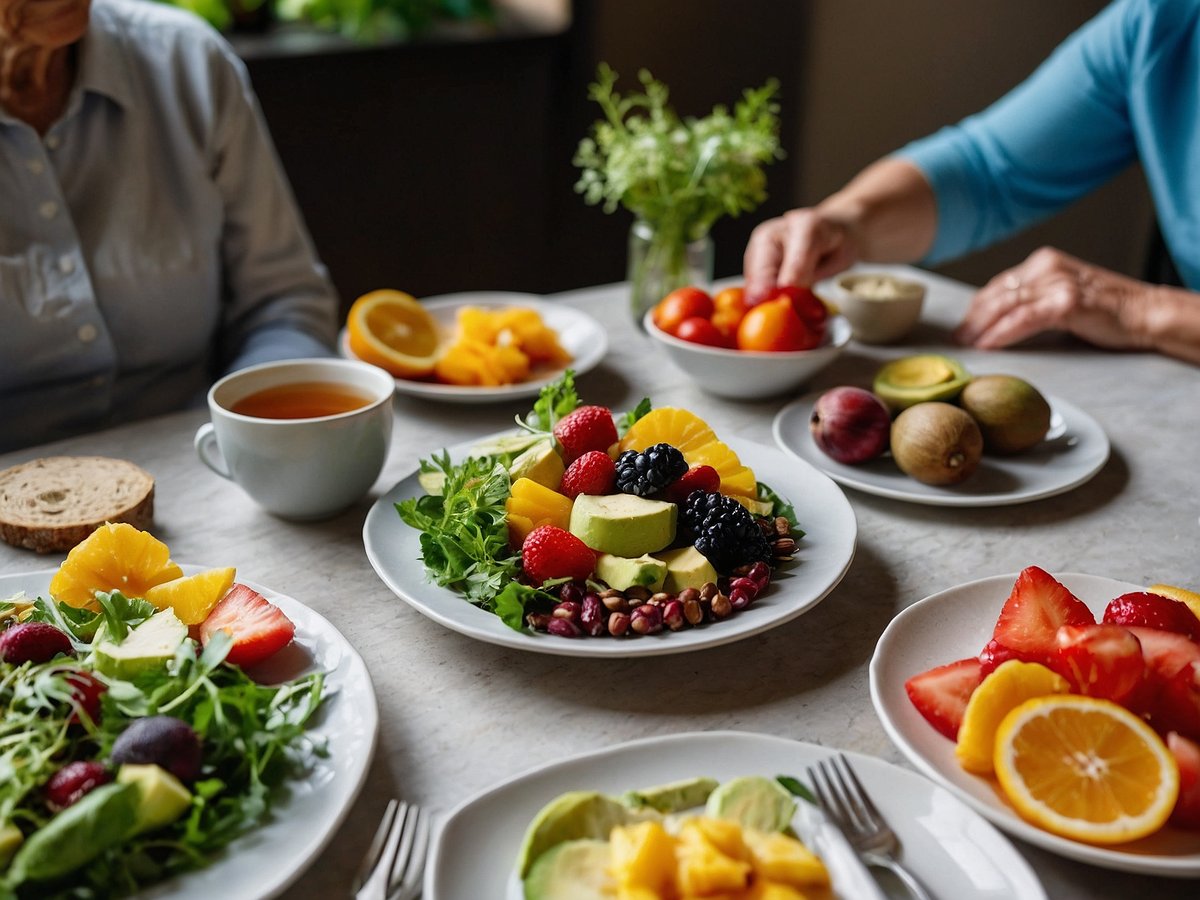 Auf dem Bild sind mehrere Teller mit frischem Obst und Salat arrangiert. Es gibt eine bunte Obstplatte mit Ananas, Äpfeln, Erdbeeren, Himbeeren, schwarzen Johannisbeeren und Avocado. Neben der Obstplatte steht ein grüner Salatteller mit verschiedenen Blattsalaten. Zudem sind kleine Schalen mit Kirschtomaten und eine Tasse Tee zu sehen. Auf dem Tisch liegt ein Stück Vollkornbrot. Die Anordnung der Lebensmittel ist ansprechend und vermittelt eine gesunde Ernährung für mehr Lebensqualität.