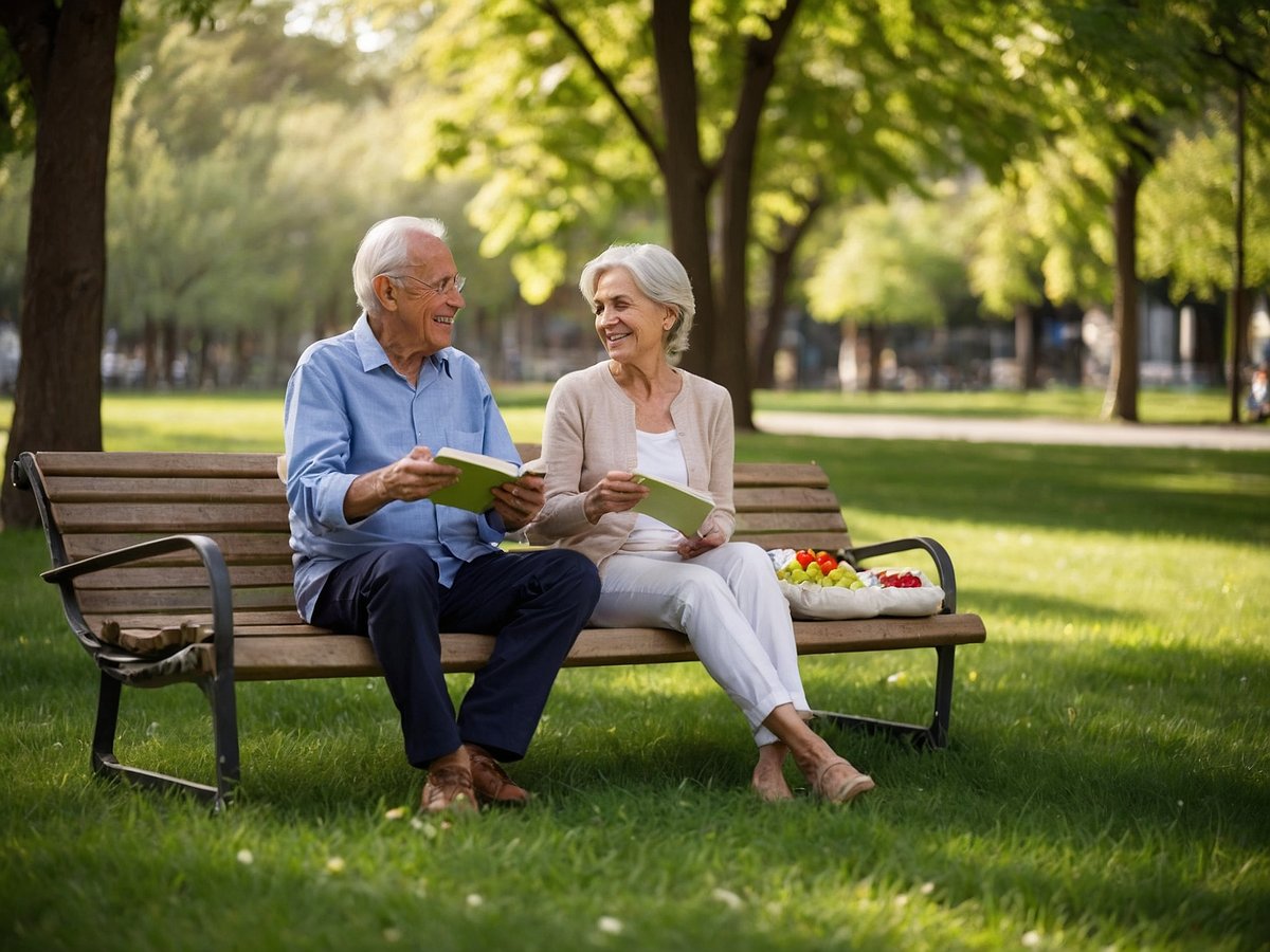 Auf der Bank im Park sitzen ein älterer Mann und eine ältere Frau, die sich anlächeln und miteinander sprechen. Beide halten ein Buch in der Hand, während neben ihnen ein Korb mit frischem Obst steht. Die Umgebung ist grün und von Bäumen umgeben, was eine entspannte und freundliche Atmosphäre schafft. Diese Szene symbolisiert die Bedeutung sozialer Interaktion und aktiven Lebensstils im Alter, die durch neue Technologien und Erkenntnisse in der Alternsforschung unterstützt werden, um die Lebensqualität und das Wohlbefinden älterer Menschen zu fördern.