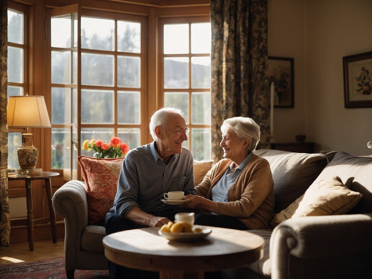 Ein älteres Paar sitzt in einem gemütlichen Wohnzimmer auf einem Sofa und lächelt sich an. Sie halten sich an den Händen und wirken entspannt und glücklich. Im Hintergrund sind große Fenster, durch die natürliches Licht strömt, und eine schöne Blumendekoration ist sichtbar. Auf einem Tisch neben ihnen befinden sich eine Tasse und einige Früchte. Die Szene strahlt Wärme, Geborgenheit und eine angenehme Lebensqualität in den eigenen vier Wänden aus, was die Vorteile der Pflege daheim unterstreicht.
