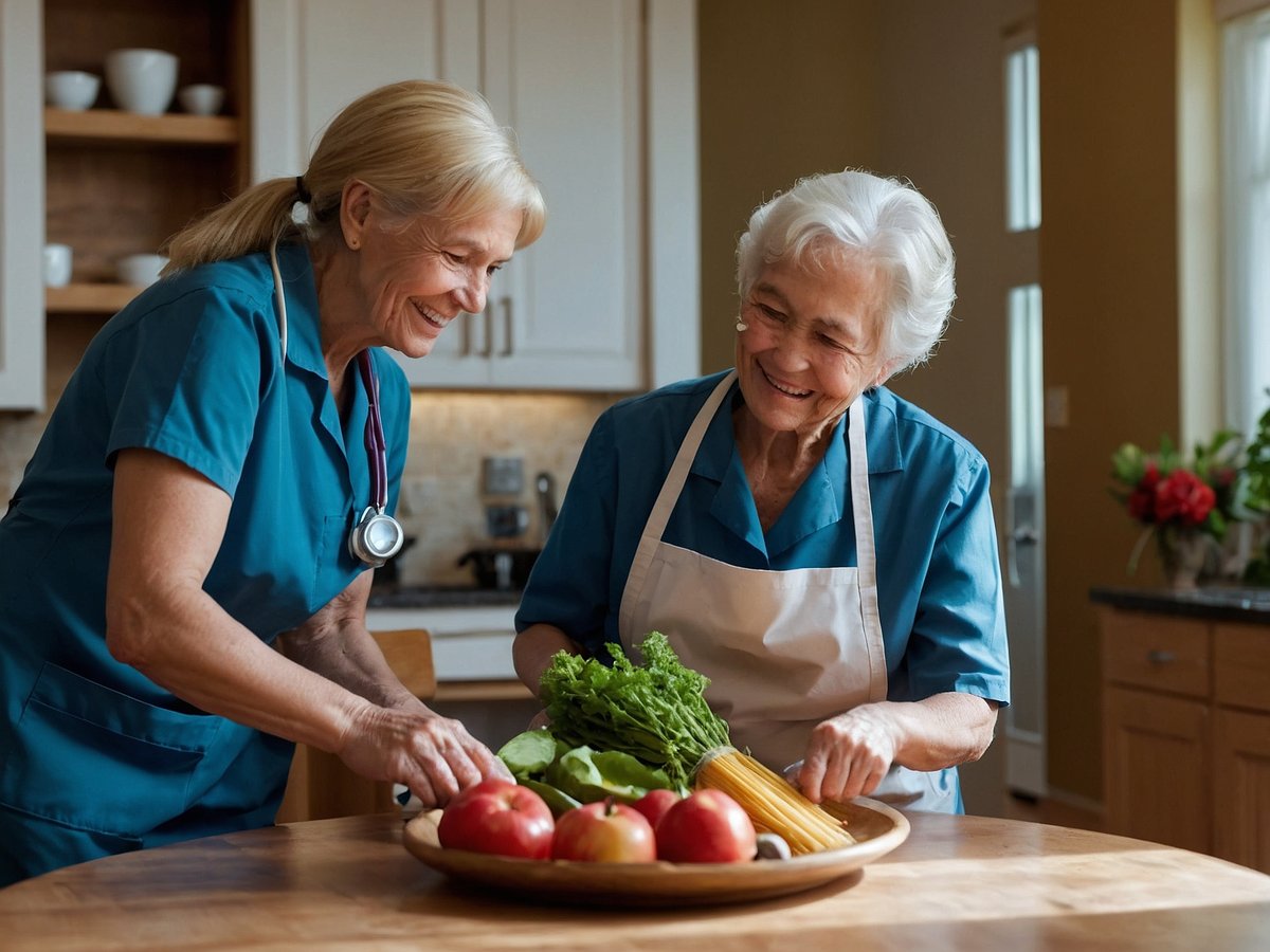 Eine Pflegekraft und eine ältere Dame stehen in einer warmen, einladenden Küche und bereiten gemeinsam frische Zutaten vor. Auf dem Tisch liegt ein großer Teller mit verschiedenen Lebensmitteln wie Äpfeln, Gemüse und Nudeln. Beide Frauen lächeln und scheinen sich über die gemeinsame Aktivität zu freuen. Die Pflegekraft trägt einen medizinischen Stethoskop um den Hals, was auf ihre Profession hinweist, während die ältere Dame in einer weißen Schürze gekleidet ist und aktiv bei den Vorbereitungen mitwirkt. Die Atmosphäre wirkt freundlich und harmonisch, was die Unterstützung und Gemeinschaft zwischen den Generationen betont.