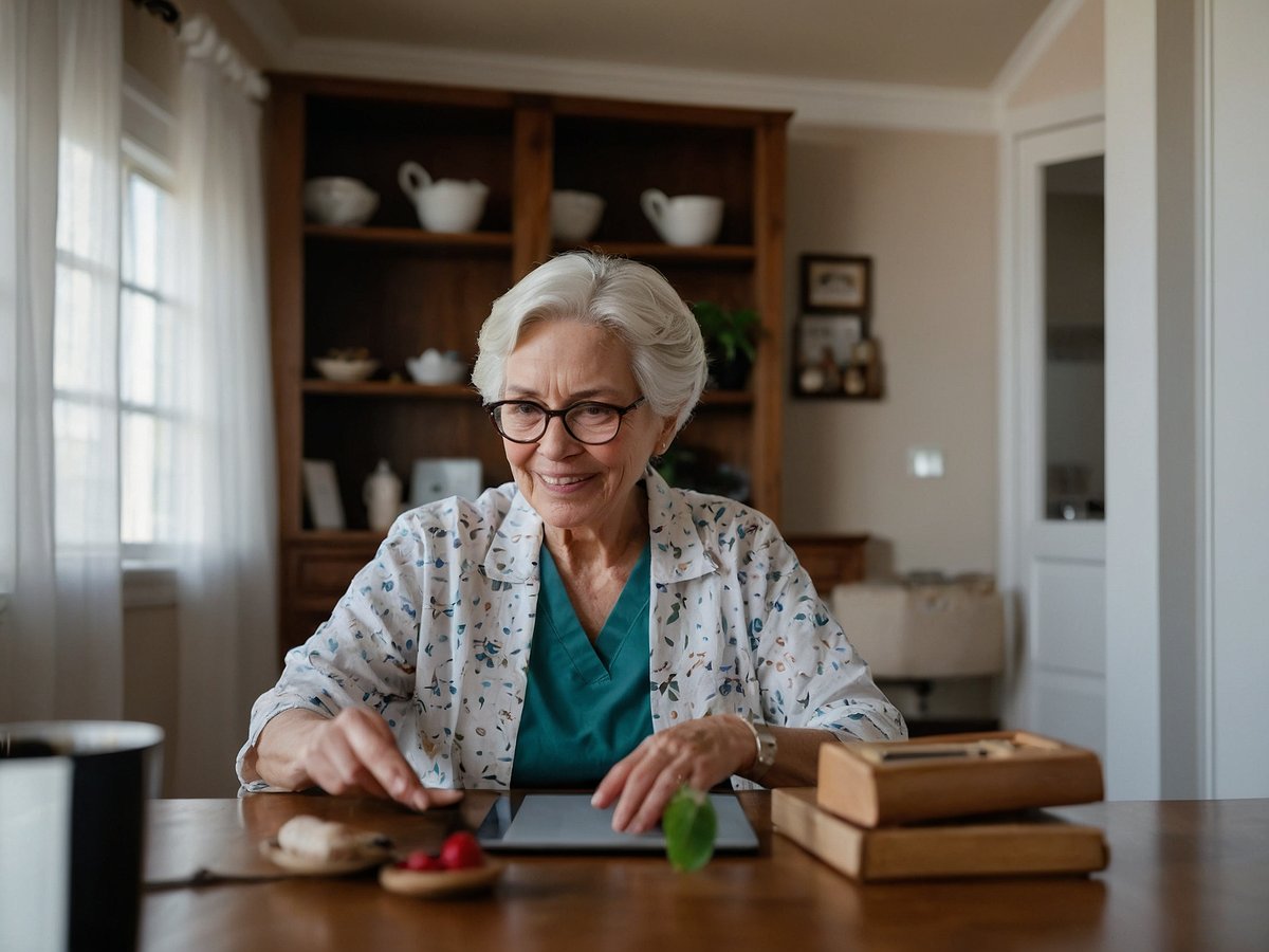 Eine ältere Frau sitzt an einem Holztisch und blickt lächelnd auf ein Tablet vor ihr. Sie trägt ein grünes Oberteil und eine leicht gemusterte Bluse. Auf dem Tisch liegen einige kleine Snacks, darunter eine Kekse und Beeren. Im Hintergrund sind Regale mit Geschirr und Dekorationsgegenständen zu sehen, das Zimmer wirkt hell und freundlich. Die Frau scheint aktiv und zufrieden mit dem, was sie tut.