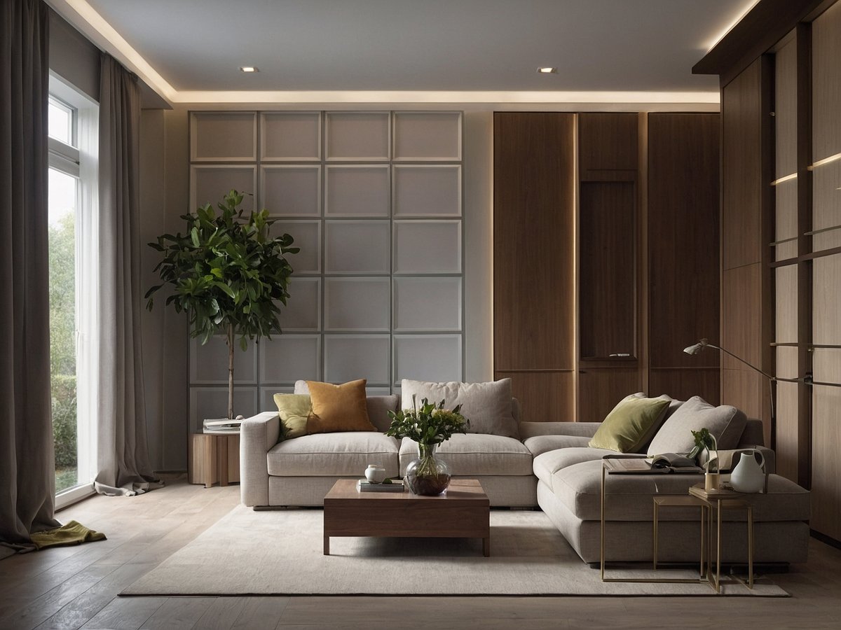 Das Bild zeigt ein modernes Wohnzimmer mit einem gemütlichen grauen Sofa, das mit Kissen in verschiedenen Grüntönen und einem gelben Kissen dekoriert ist. Vor dem Sofa steht ein niedriger Holztisch, auf dem eine Vase mit frischen Blumen platziert ist. An der Wand hinter dem Sofa sind elegante Holzregale zu sehen. Ein großer Fensterbereich bringt Tageslicht in den Raum und bietet einen Blick ins Freie, während an den Fenstern lange Vorhänge in neutralen Tönen hängen. In einer Ecke des Raumes steht ein kleiner grüner Baum, der eine beruhigende Atmosphäre schafft. Der Boden ist aus hellem Holz und der Raum wirkt insgesamt freundlich und einladend, geeignet für Senioren und eine barrierefreie Gestaltung.