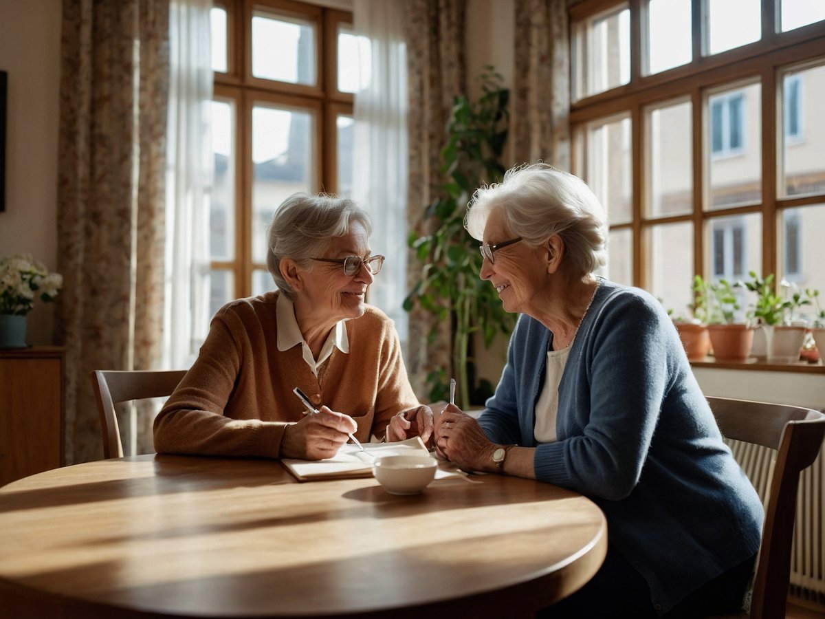 Zwei ältere Frauen sitzen an einem Tisch in einem hellen Raum mit großen Fenstern. Eine Frau trägt einen braunen Pullover und eine weiß-blau karierten Bluse, während die andere eine blaue Strickjacke trägt. Beide lächeln und schauen sich an, eine von ihnen hält einen Stift und schreibt auf einem Notizblock. Auf dem Tisch steht eine kleine Schale, möglicherweise mit einem Snack oder einer Tasse. Im Hintergrund sind Pflanzen in Töpfen und Vorhänge zu sehen. Das Licht scheint freundlich durch die Fenster und schafft eine warme Atmosphäre.
