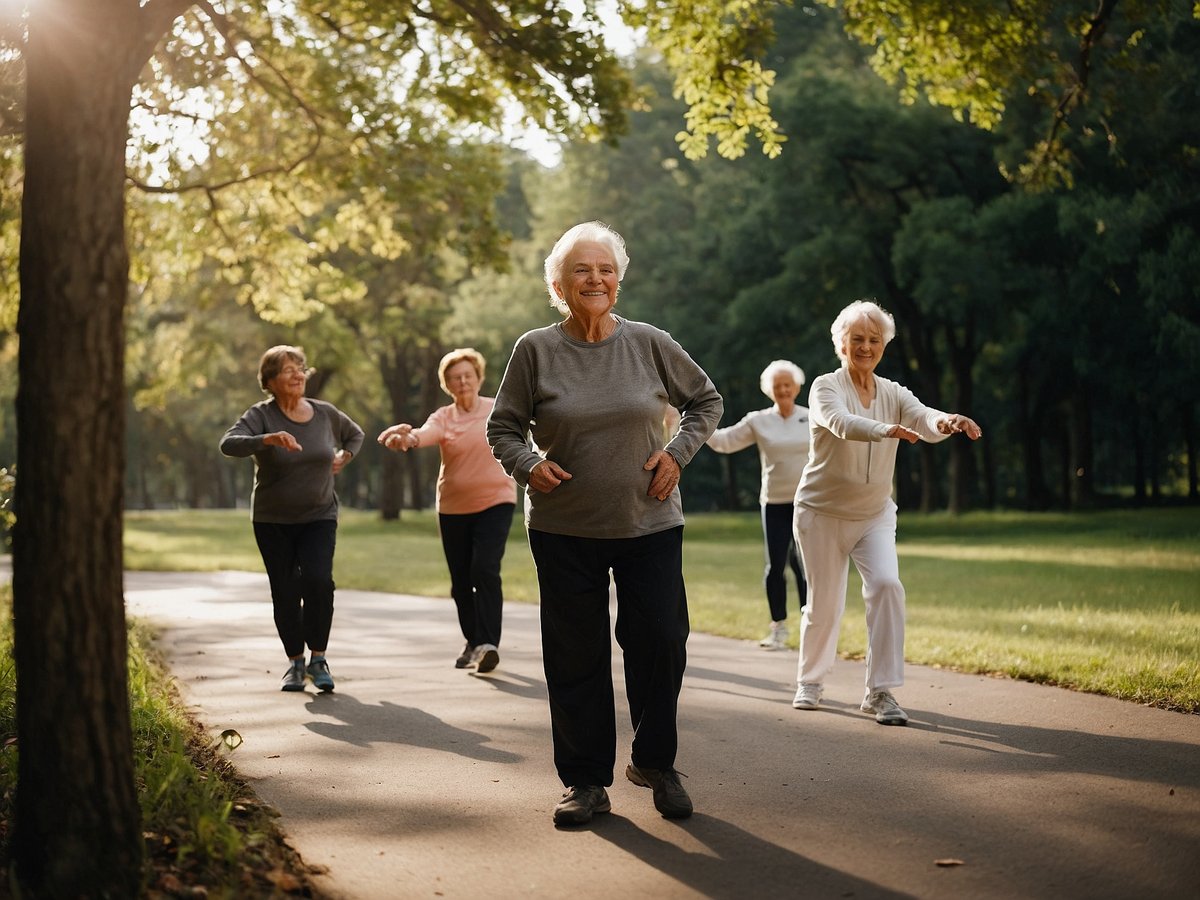 Eine Gruppe von älteren Frauen macht gemeinsam Bewegung im Freien. Sie walken auf einem Weg, umgeben von Bäumen und Grünflächen. Die Frauen sind gut gelaunt und tragen bequeme Sportkleidung. Die Sonne scheint und es herrscht eine angenehme Atmosphäre, die zu aktivem Lebensstil anregt.