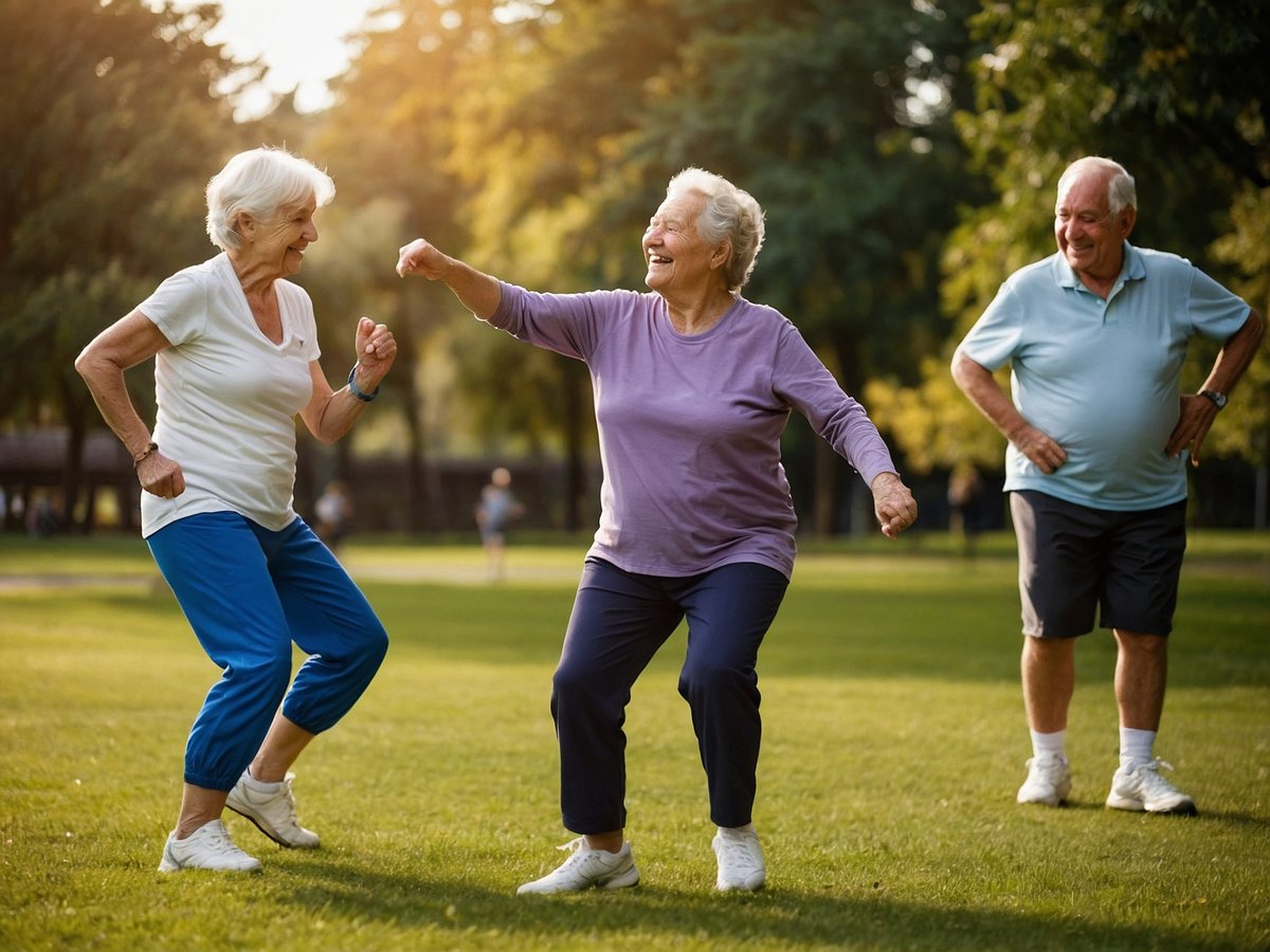 Drei ältere Menschen bewegen sich fröhlich im Freien auf einer Grünfläche es ist sonnig und die Atmosphäre wirkt entspannt die beiden Frauen tragen sportliche Kleidung und tanzen oder bewegen sich rhythmisch während der Mann im Hintergrund lächelt und zuschaut die Szene vermittelt Freude und Aktivität was die Bedeutung von Bewegung in der Diabetesprävention unterstreicht da regelmäßige körperliche Betätigung eine wichtige Rolle im Erhalt der Gesundheit und der Vorbeugung gegen chronische Krankheiten spielt