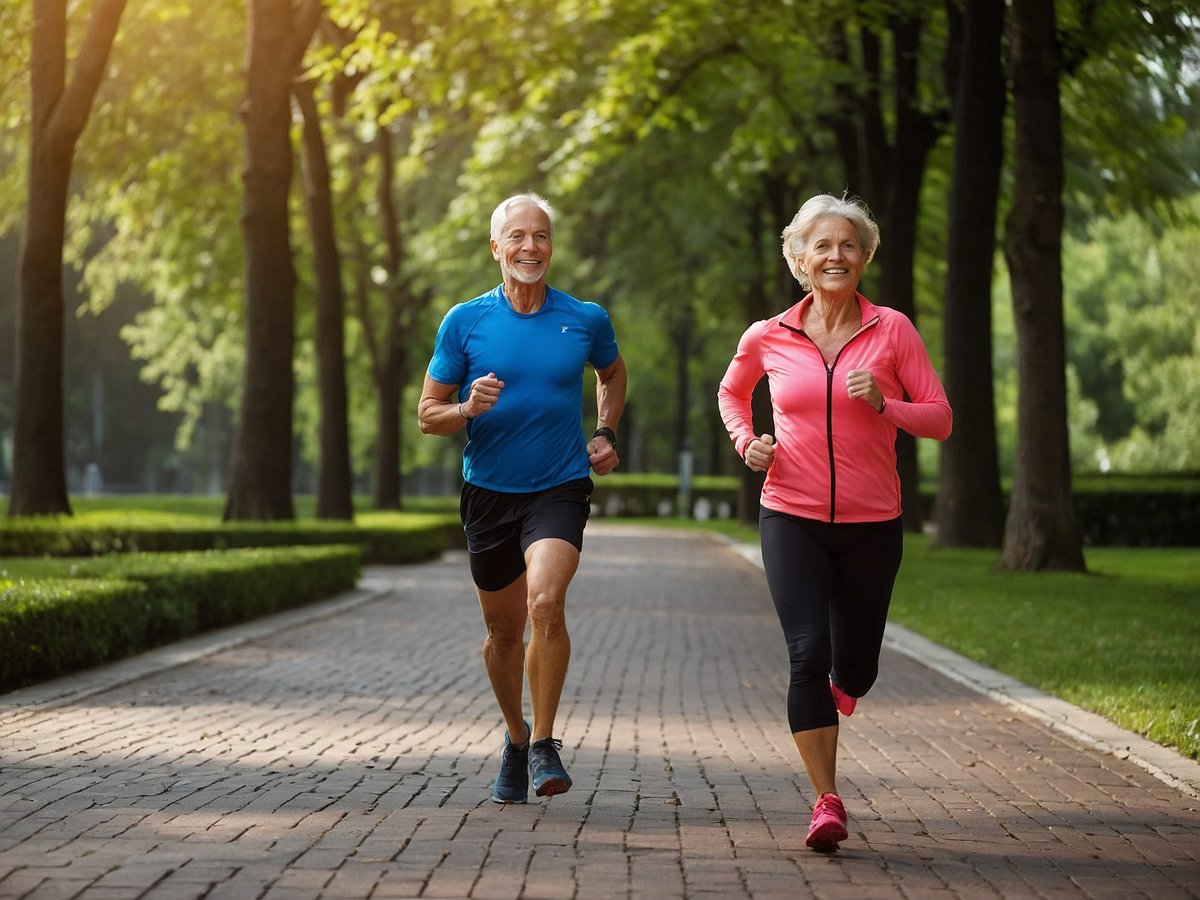Ein aktives Seniorenpaar joggt lächelnd auf einem gepflasterten Weg durch einen grünen Park umgeben von Bäumen. Ihre körperliche Aktivität fördert die Insulin-Empfindlichkeit und steigert den Stoffwechsel, was zu einer besseren allgemeinen Gesundheit beiträgt.