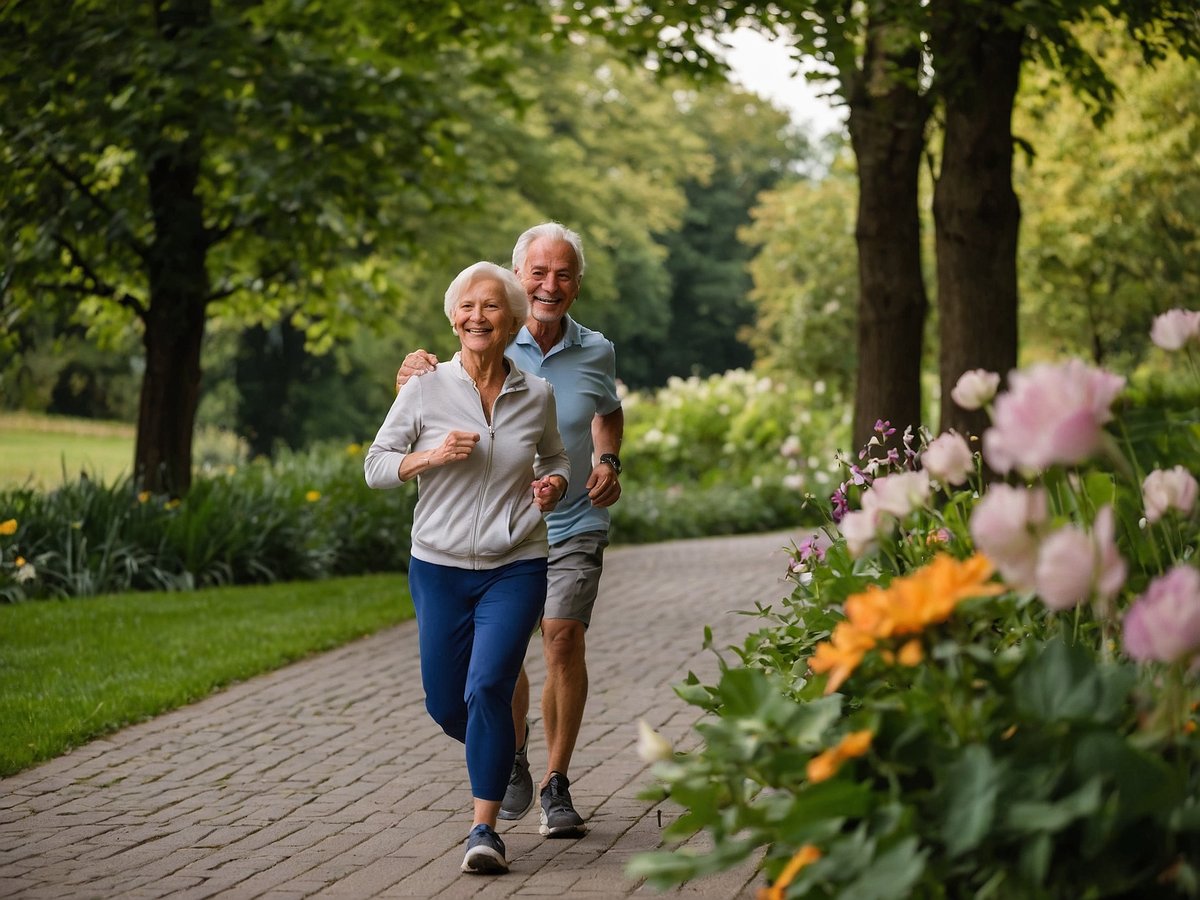 Ein älteres Paar joggt fröhlich auf einem gepflasterten Weg in einem parkähnlichen Gelände umgeben von bunten Blumen und grünen Bäumen. Die Senioren wirken aktiv und gesund, haben lächelnde Gesichter und strahlen Freude aus. Die Frau trägt ein helles Oberteil und eine blaue Hose, während der Mann ein hellblaues T-Shirt und kurze Hosen trägt. Die Szenerie zeigt eine harmonische Verbindung zur Natur und fördert ein aktives Lebensstil.