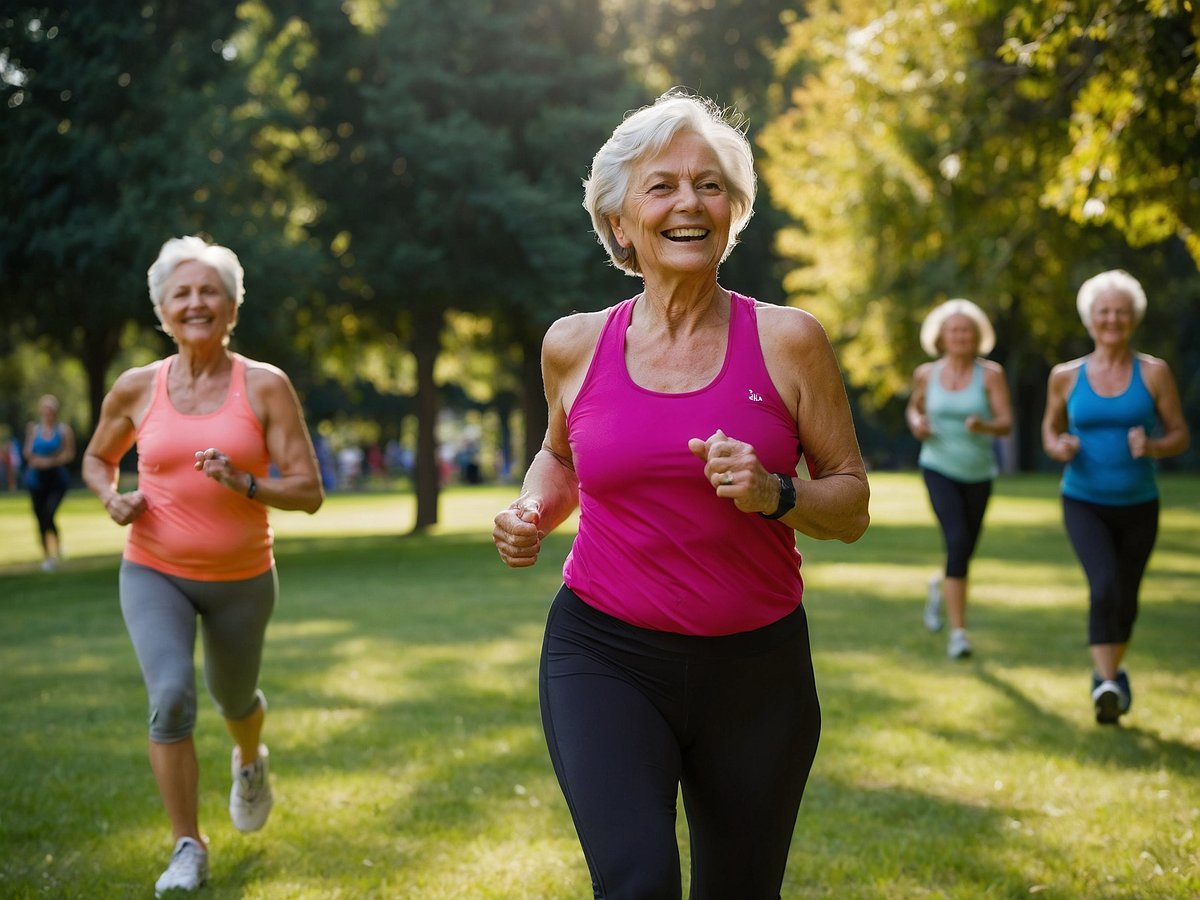 Eine Gruppe älterer Frauen joggt fröhlich in einem Park. Einige Frauen tragen bunten Sportkleidung und lächeln während des Laufens. Die Umgebung ist grün und sonnig, was eine positive Atmosphäre schafft. Regelmäßiger Sport verbessert die Herzgesundheit, erhöht die Lebensqualität und stärkt das Immunsystem. Zudem fördert Bewegung die geistige Gesundheit und hilft, soziale Kontakte zu knüpfen.