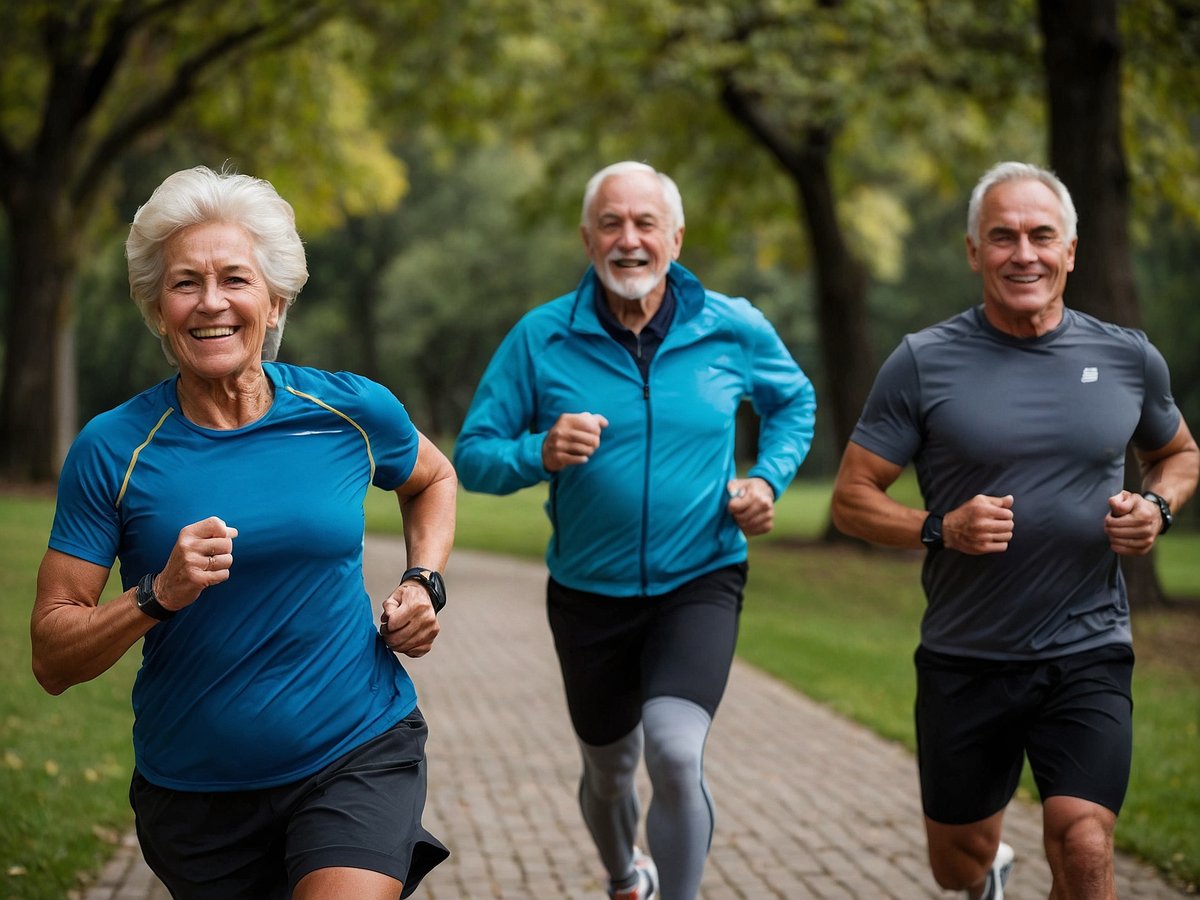 Eine Gruppe von drei Senioren joggt auf einem gepflasterten Weg in einem Park. Die Frau in der Mitte trägt ein blaues T-Shirt und lächelt, während sie motiviert läuft. Neben ihr sind zwei Männer, einer trägt eine graue Sportkleidung und der andere einen blauen Windbreaker. Die Umgebung ist grün und einladend, mit Bäumen und einer angenehmen Atmosphäre. Alle drei Personen wirken fit und aktiv, was auf ihre gesunde Lebensweise hinweist.
