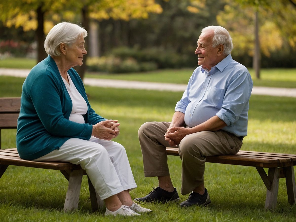 Ein älteres Ehepaar sitzt auf einer Bank in einem Park. Die Frau trägt einen hellen Pullover und eine weiße Hose, während der Mann ein hellblaues Hemd und beige Hosen trägt. Sie scheinen sich angeregt zu unterhalten. Im Hintergrund sind grüne Bäume und Wiesen zu sehen, was eine ruhige und entspannende Umgebung schafft. Dieses Bild vermittelt ein Gefühl von Gemeinschaft und sozialer Interaktion, was wichtige Risikofaktoren im Alter anspricht und begegnet.