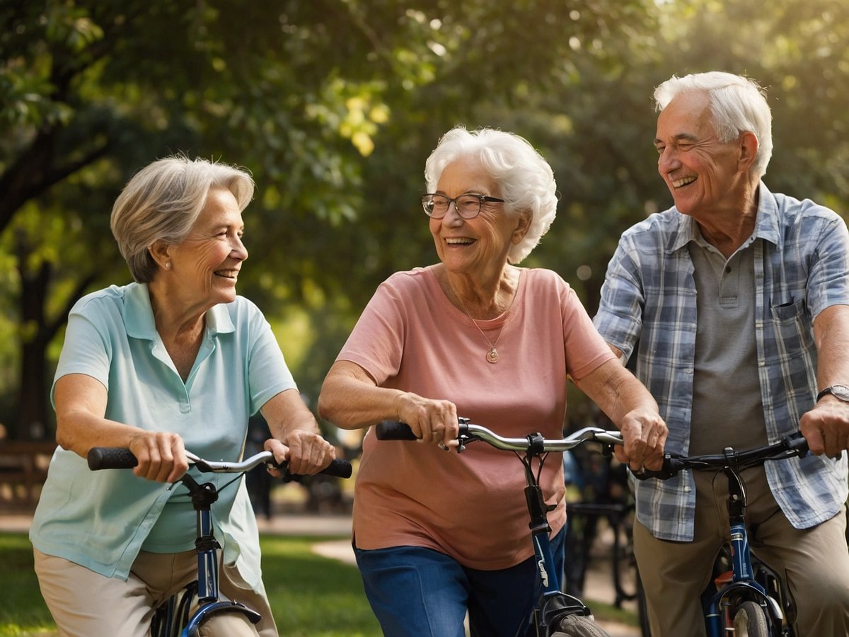 Auf dem Bild sind drei Senioren zu sehen, die fröhlich auf Fahrrädern in einem Park fahren. Zwei Frauen und ein Mann in legerer Freizeitkleidung lächeln und scheinen ein angeregtes Gespräch zu führen. Die Umgebung ist grün und sonnig, es gibt viele Bäume im Hintergrund. Die aktive Lebensweise der Senioren fördert ihre körperliche Fitness und trägt zu einem gesunden Gehirn bei.