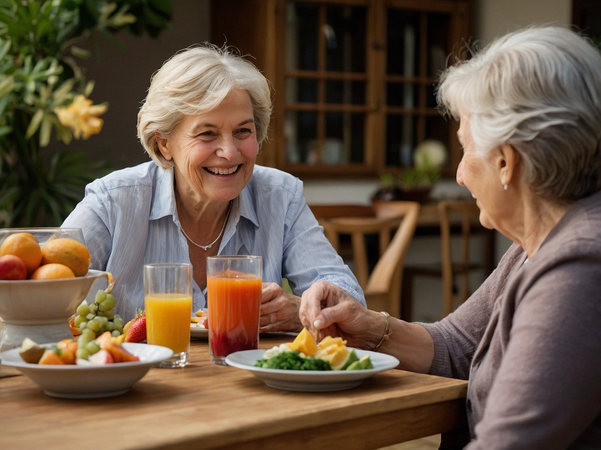 Zwei ältere Frauen sitzen an einem Holztisch und genießen eine Mahlzeit zusammen. Vor ihnen stehen verschiedene Teller mit frischem Obst und Gemüse. Die Stimmung ist fröhlich und entspannt, während sie miteinander sprechen und miteinander lachen. Auf dem Tisch stehen auch Gläser mit verschiedenen Säften, die eine bunte Auswahl an gesunden Getränken präsentieren. Dieses Bild zeigt die Bedeutung einer ausgewogenen Ernährung für die Gesundheit und das Wohlbefinden im Alter.