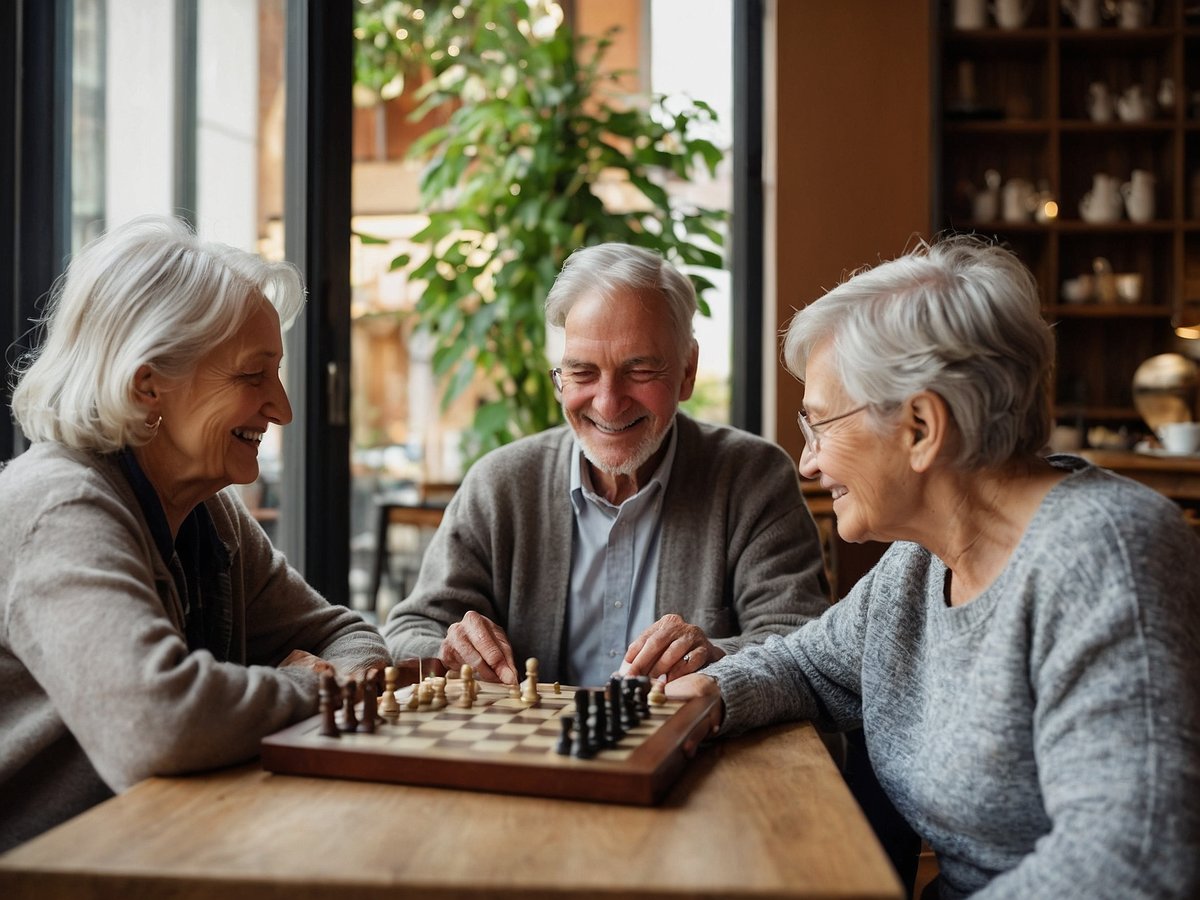 Drei ältere Menschen sitzen an einem Tisch in einem freundlichen Café und spielen Schach. Die Atmosphäre ist entspannt und die Gesellschafter wirken fröhlich und interessiert am Spiel. Sie lächeln und tauschen sich miteinander aus, während sie über das Schachbrett blicken. Im Hintergrund sind große Fenster zu sehen, die viel Licht hereinlassen, sowie einige Pflanzen und Regale mit Geschirr. Die Kleidung der Personen ist leger und sie tragen bequeme Pullover oder Strickwaren.