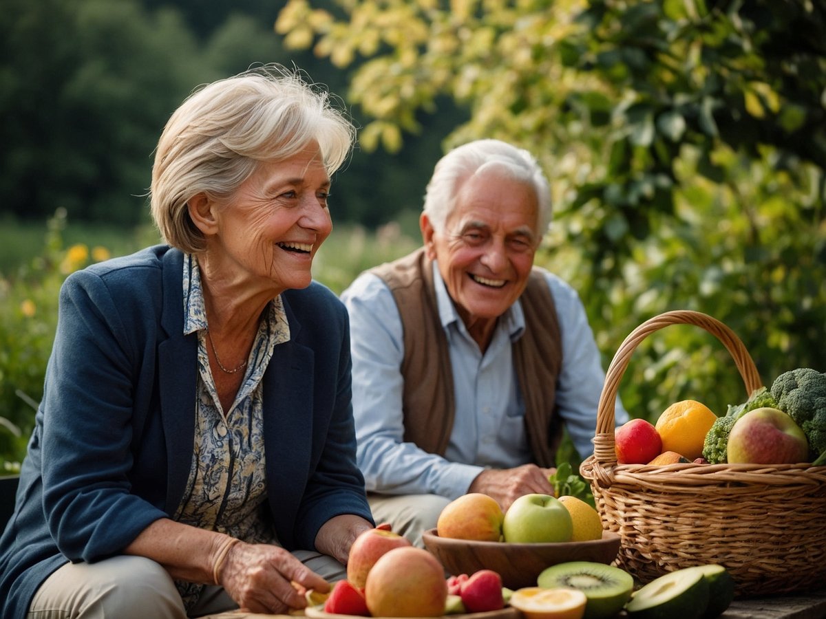 Ein älteres Paar sitzt im Freien und lacht miteinander. Vor ihnen stehen mehrere Schalen mit buntem Obst und Gemüse, darunter Äpfel, Birnen und Brokkoli. Im Hintergrund sind grüne Pflanzen und Bäume zu sehen. Die Atmosphäre wirkt freundlich und entspannt, was eine harmonische Verbindung zur Natur vermittelt.