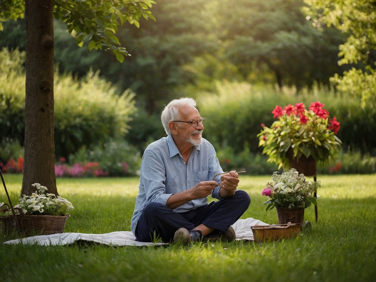 Ein älterer Mann sitzt auf einer Decke im Freien auf einer Wiese. Er hat graue Haare und trägt eine Brille sowie ein hellblaues Hemd und dunkle Hosen. Neben ihm befinden sich zwei Blumenkörbe mit bunten Blumen. Im Hintergrund sind blühende Pflanzen und Bäume zu sehen. Der Mann lächelt und hält etwas in der Hand, während er entspannt in die Natur blickt. Die Atmosphäre wirkt friedlich und einladend.