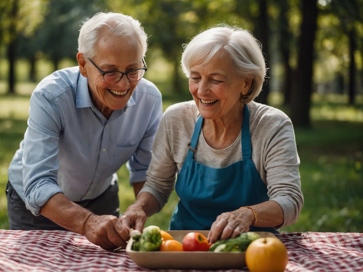Ein älteres Paar steht an einem Tisch im Freien und lächelt sich an während sie frisches Gemüse und Obst auf einem Tablett anrichten. Die Umgebung zeigt grüne Bäume und eine entspannte Atmosphäre. Die Frau trägt eine blaue Schürze über einem grauen Oberteil und der Mann hat ein hellblaues Hemd an. Beide wirken glücklich und engagiert in der gemeinsamen Aktivität, die gesunde Ernährung und Gemeinschaft betont.